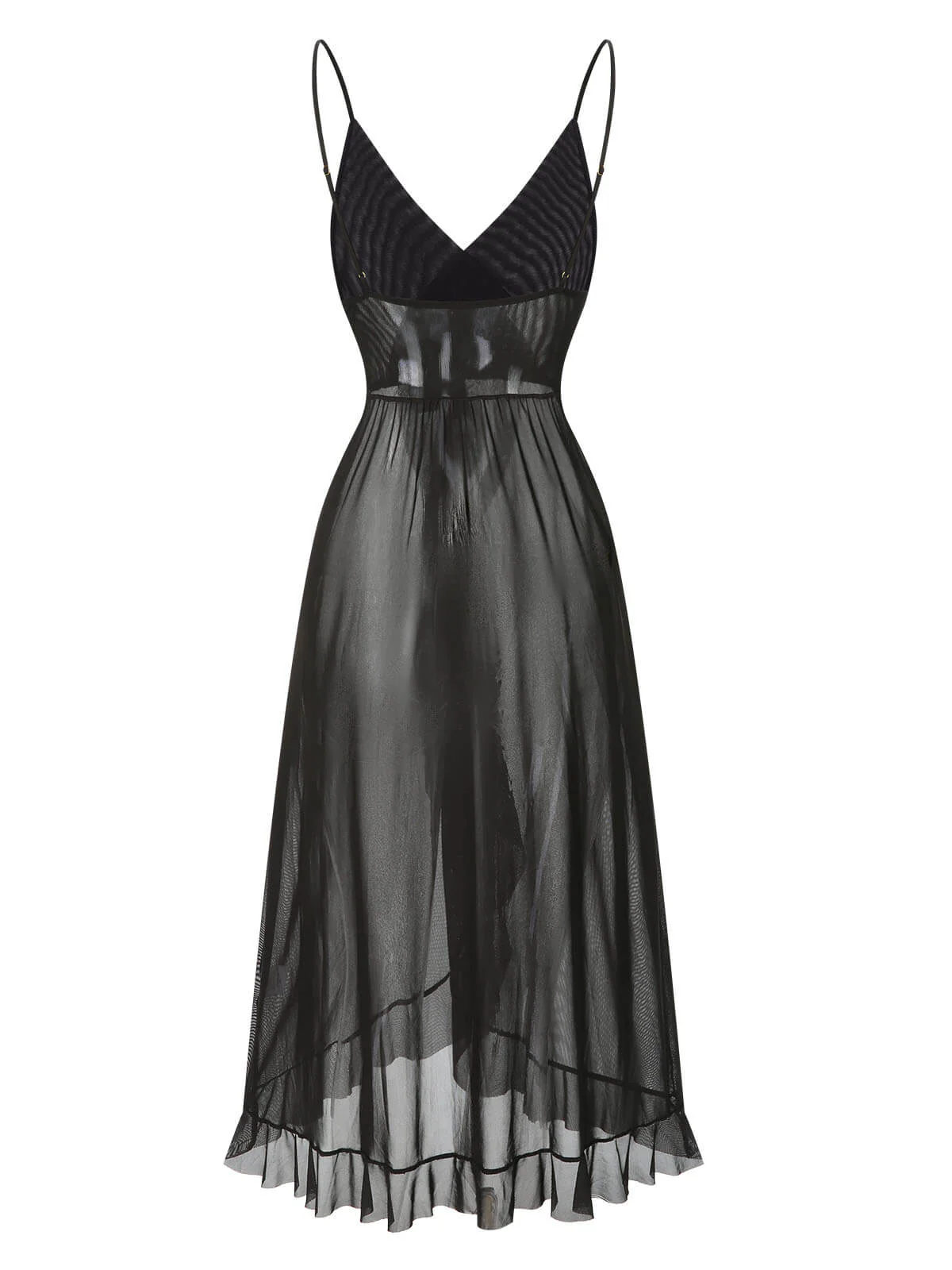 Schwarz 1930er Solide V-Ausschnitt Rüschen Transparent Nachthemd - Image 8
