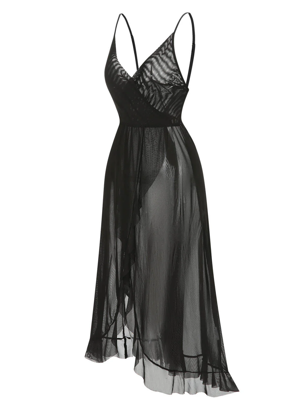 Schwarz 1930er Solide V-Ausschnitt Rüschen Transparent Nachthemd - Image 7