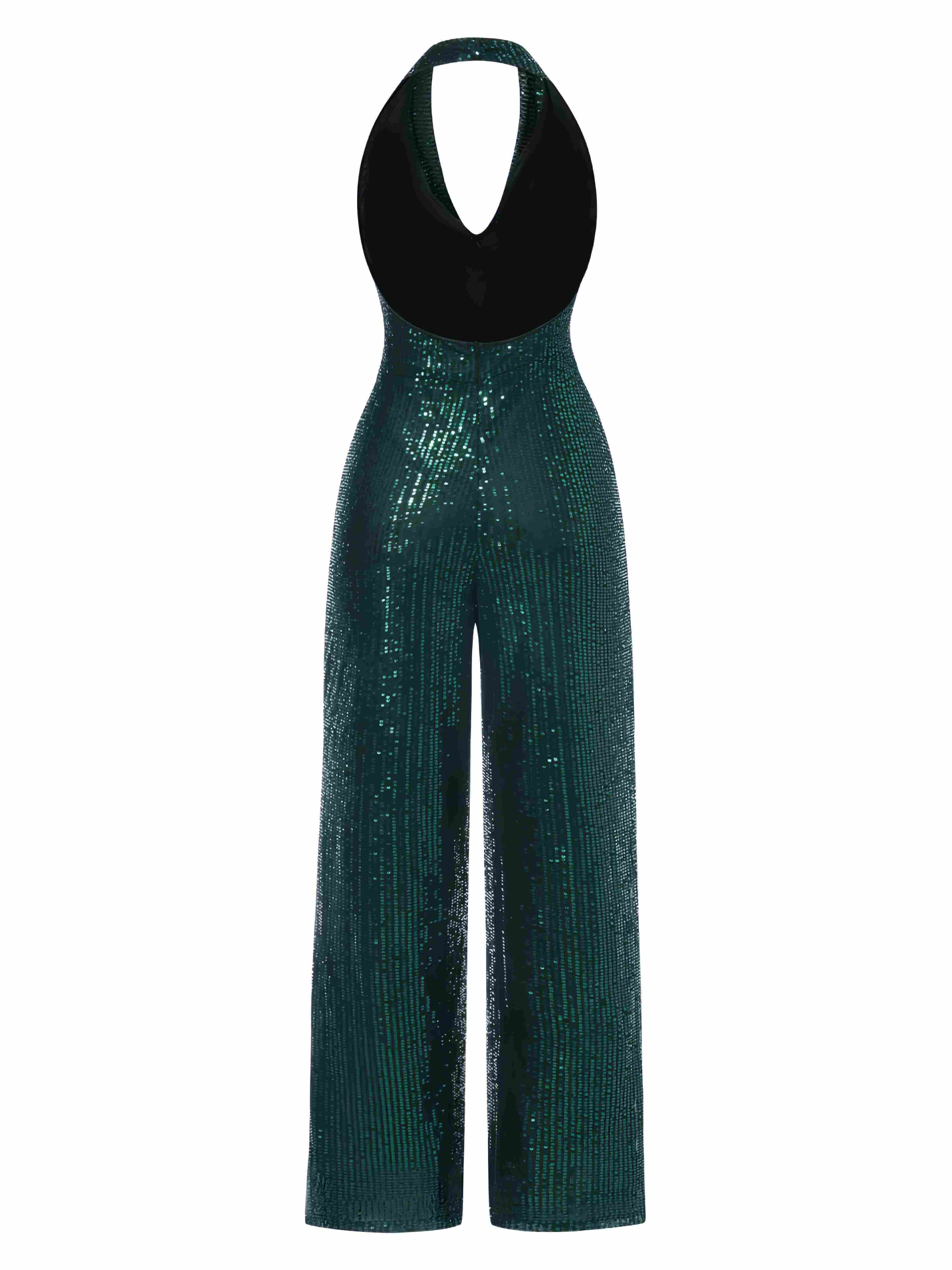 1930er Solide Wasserfallausschnitt Halfter Pailletten Jumpsuit - Image 2