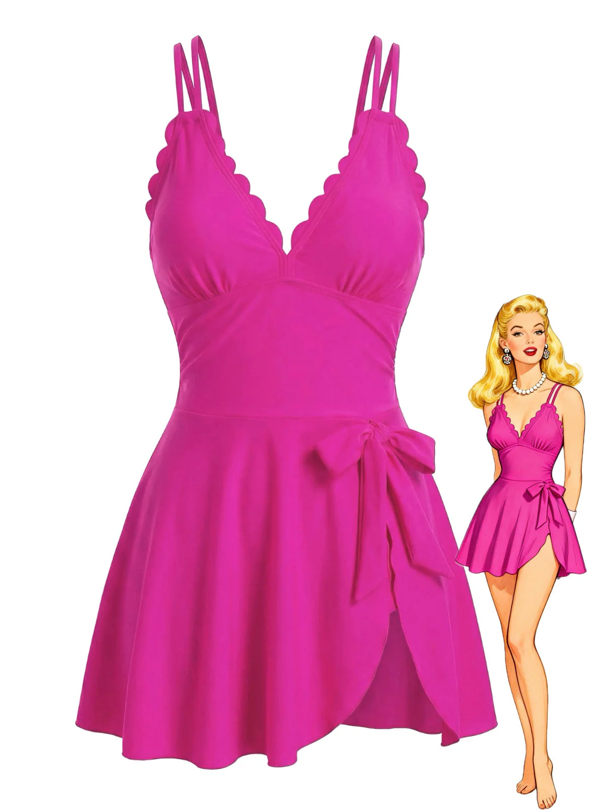 1930er Spaghetti Träger Schleife Muschelsaum Badekleid