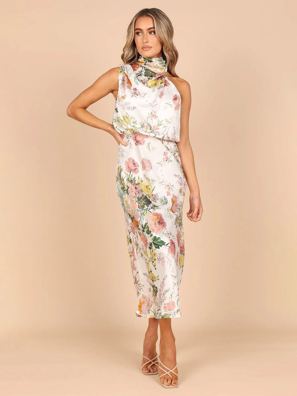 1930er Stehkragen Aquarell Blumen Satin Meerjungfrauenkleid - Image 2
