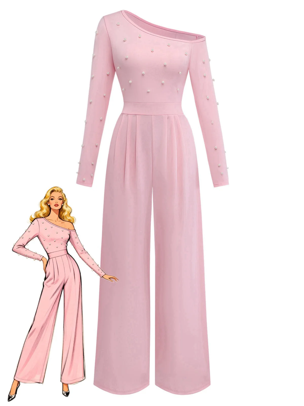 1930er Uni Einseitrig Perlen Detail Langarm Jumpsuit