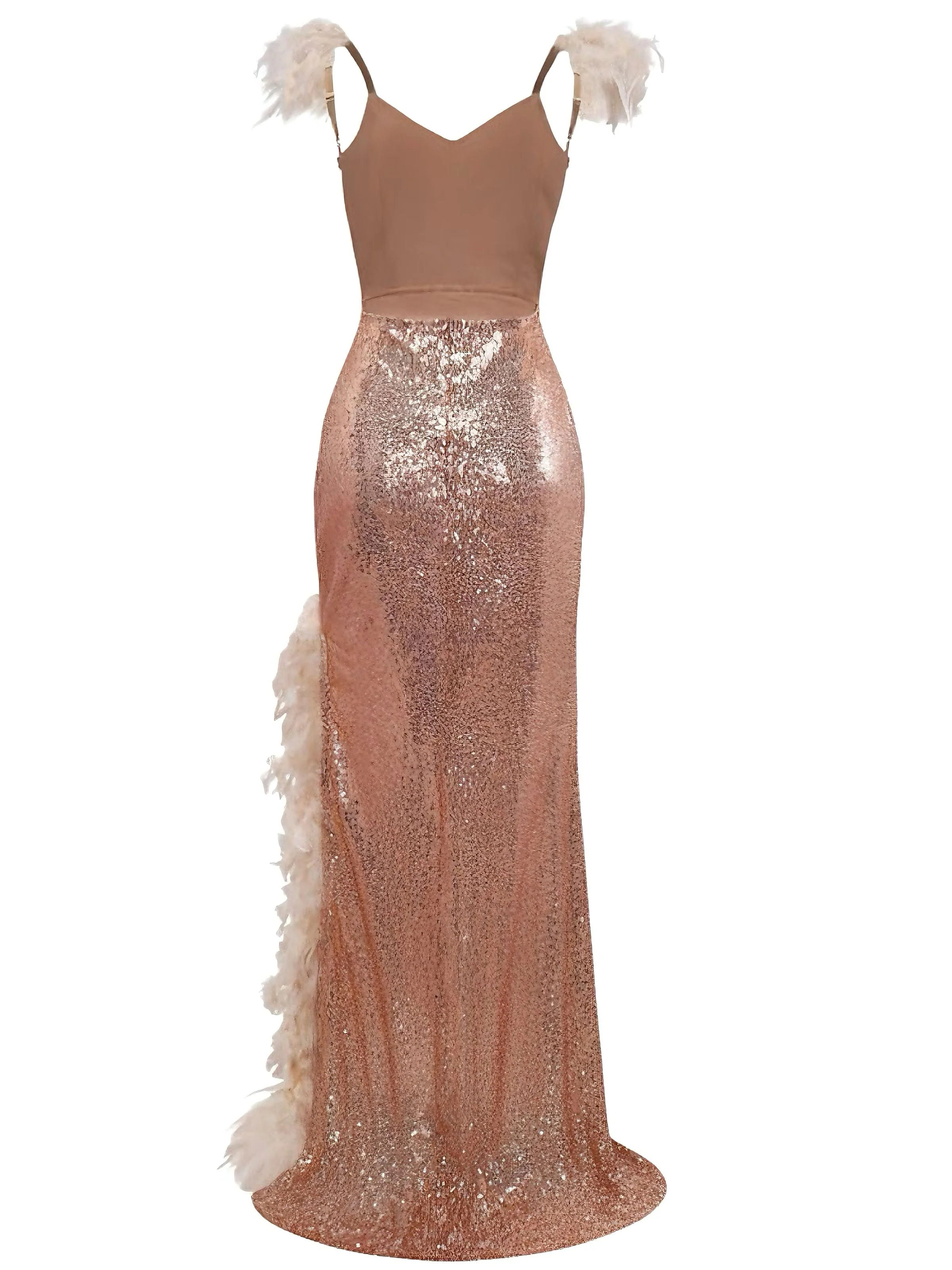 1930er V-Ausschnitt Feder Träger Hoch Schlitz Pailletten Kleid - Image 2