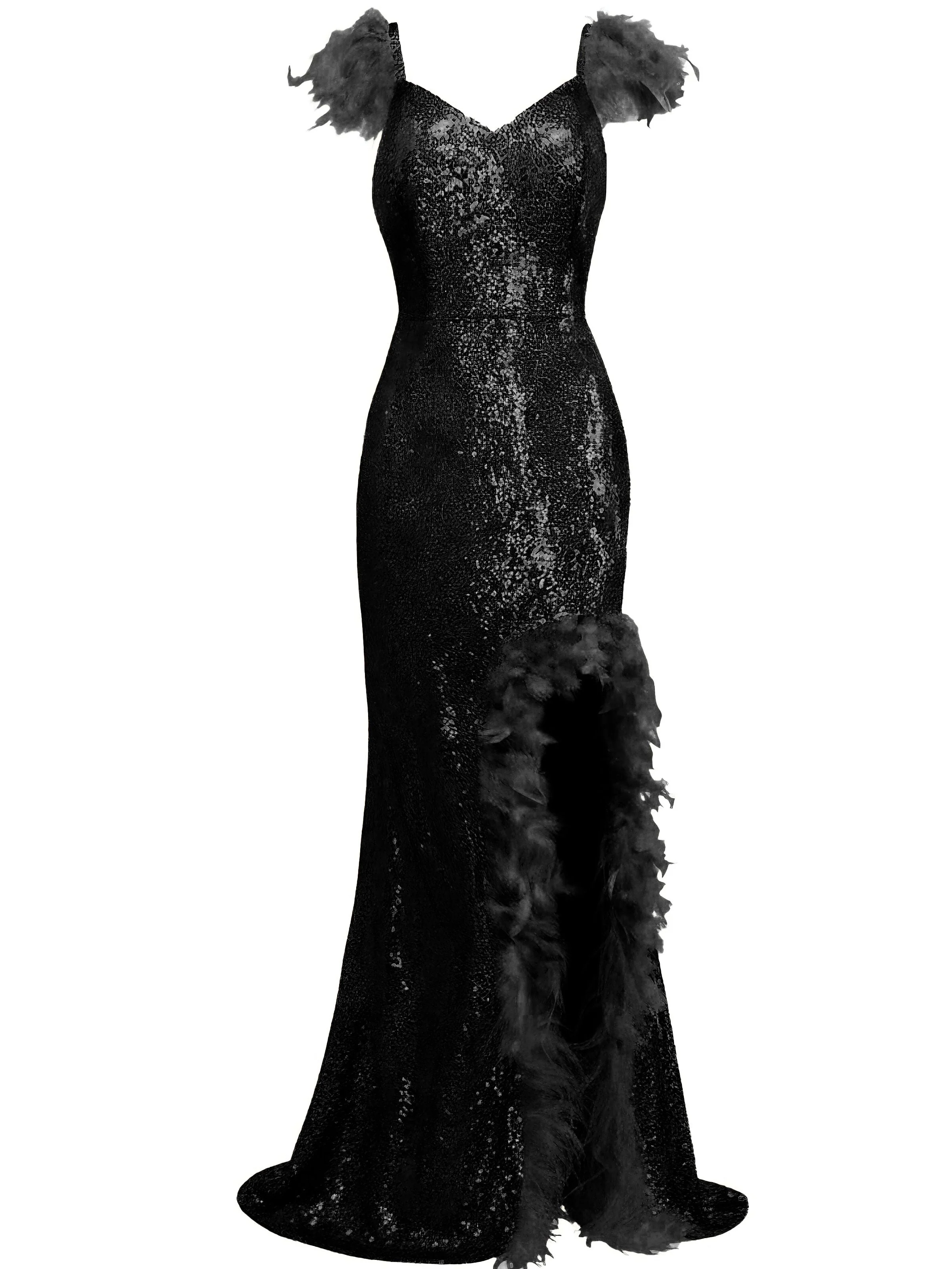 1930er V-Ausschnitt Feder Träger Hoch Schlitz Pailletten Kleid - Image 6