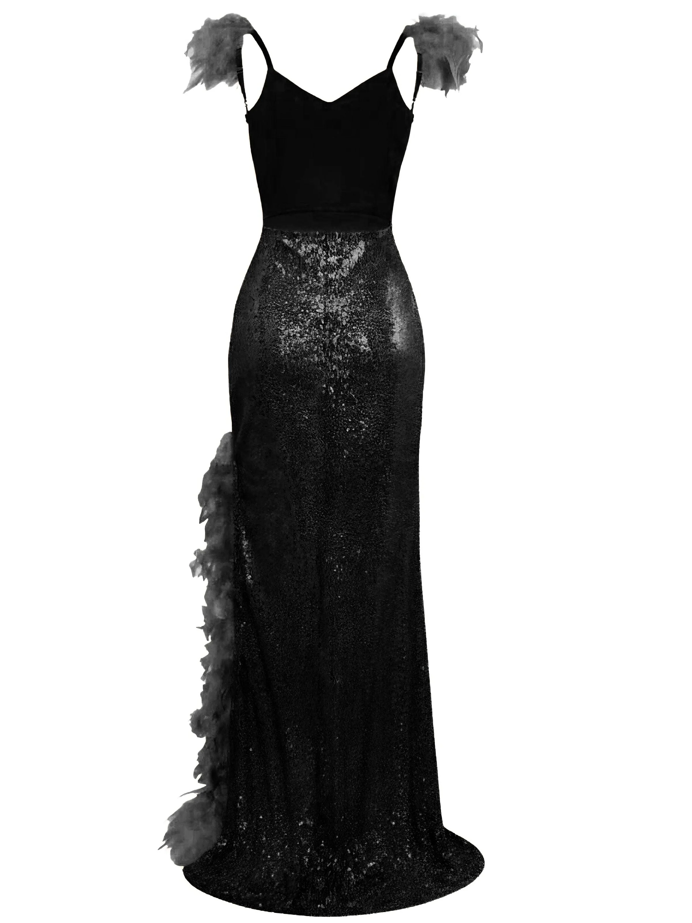 1930er V-Ausschnitt Feder Träger Hoch Schlitz Pailletten Kleid - Image 7