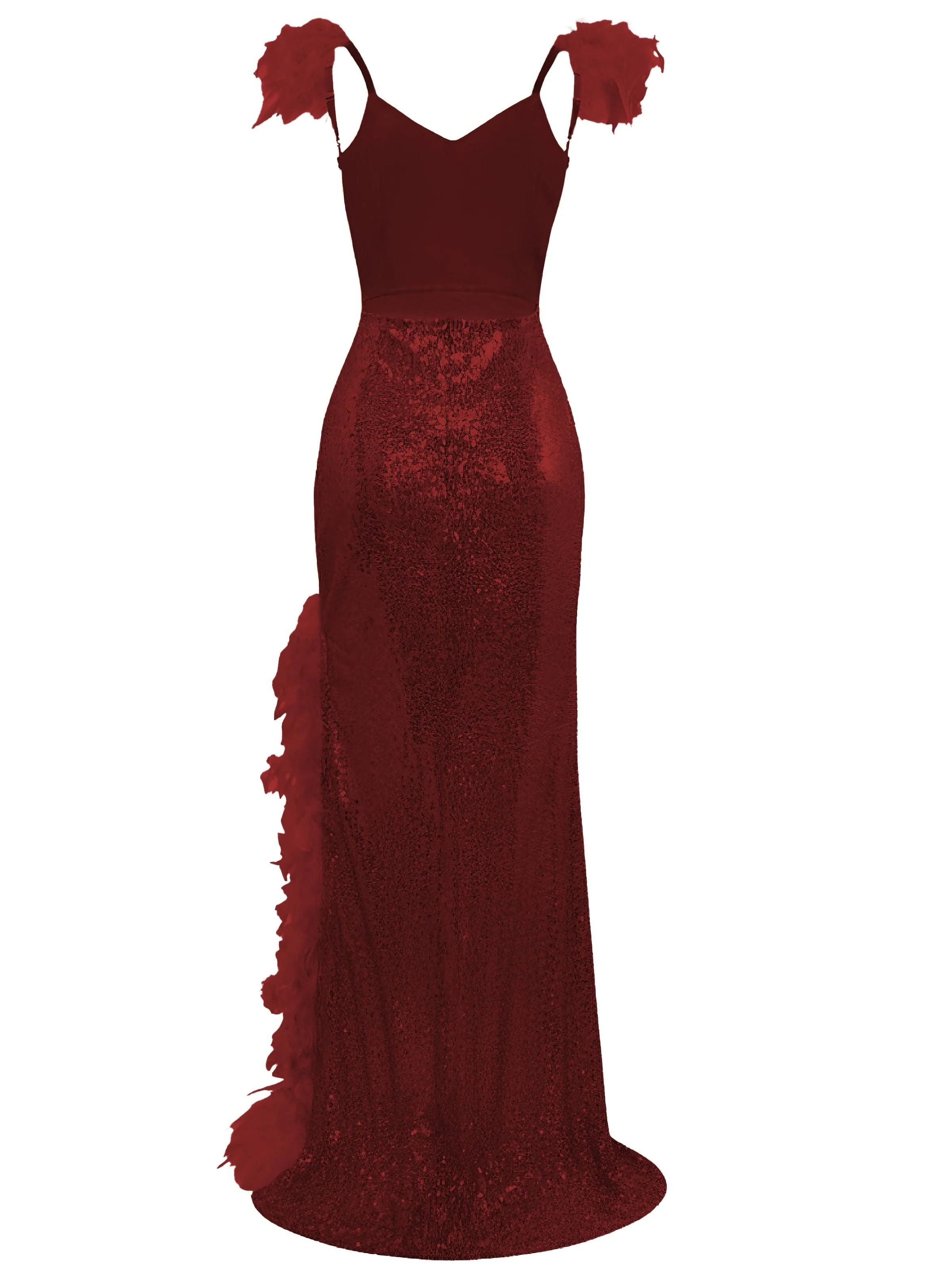 1930er V-Ausschnitt Feder Träger Hoch Schlitz Pailletten Kleid - Image 9
