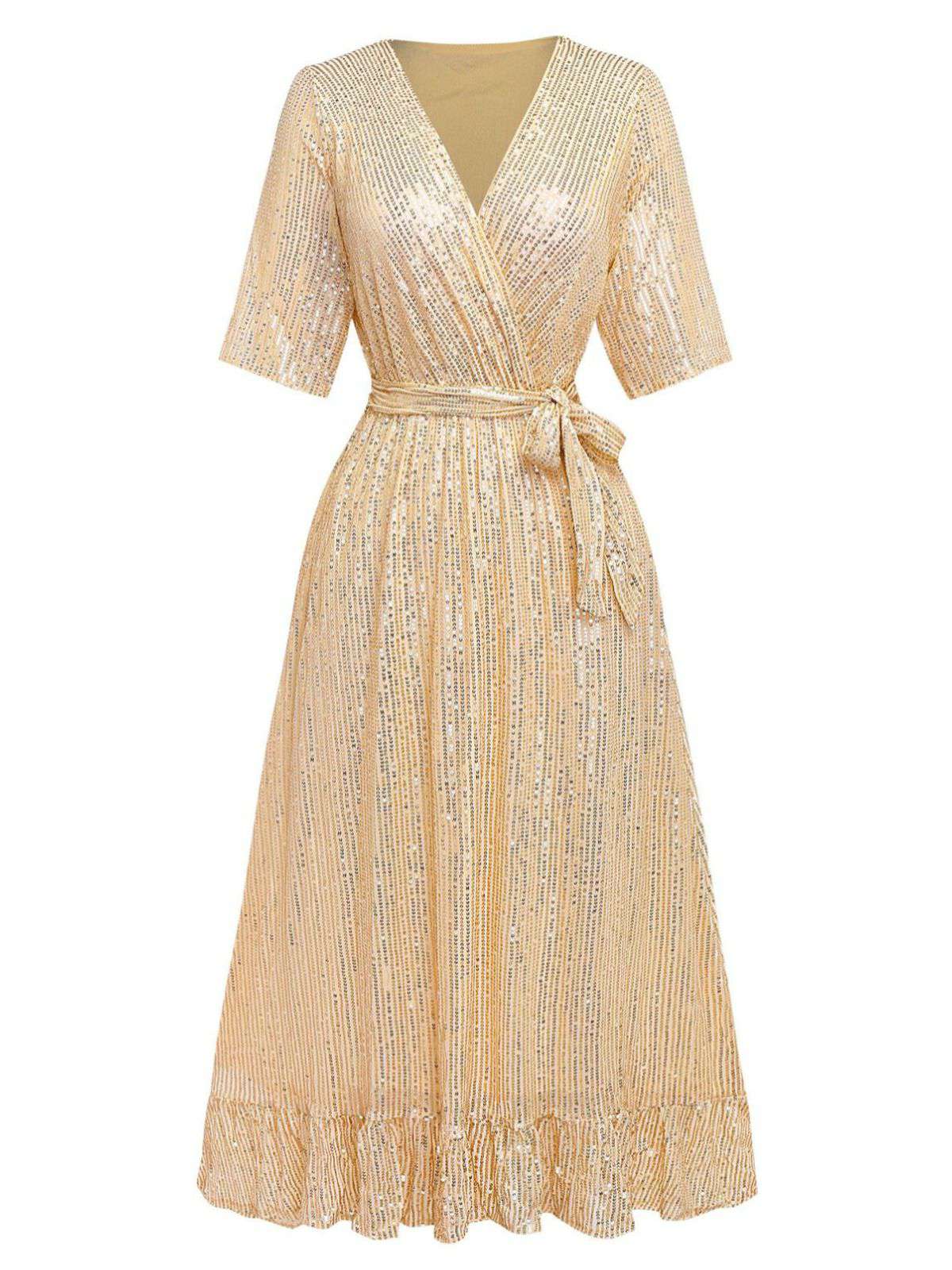 1930er V-Ausschnitt Pailletten Rüschensaum Kleid - Image 2