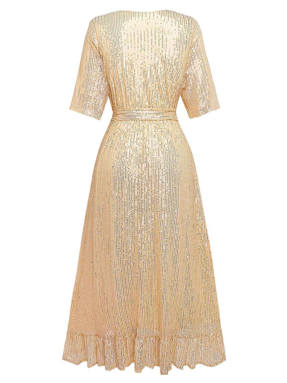 1930er V-Ausschnitt Pailletten Rüschensaum Kleid - Image 3