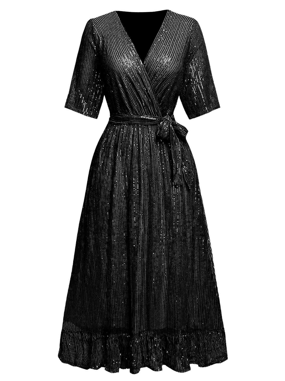 1930er V-Ausschnitt Pailletten Rüschensaum Kleid - Image 8