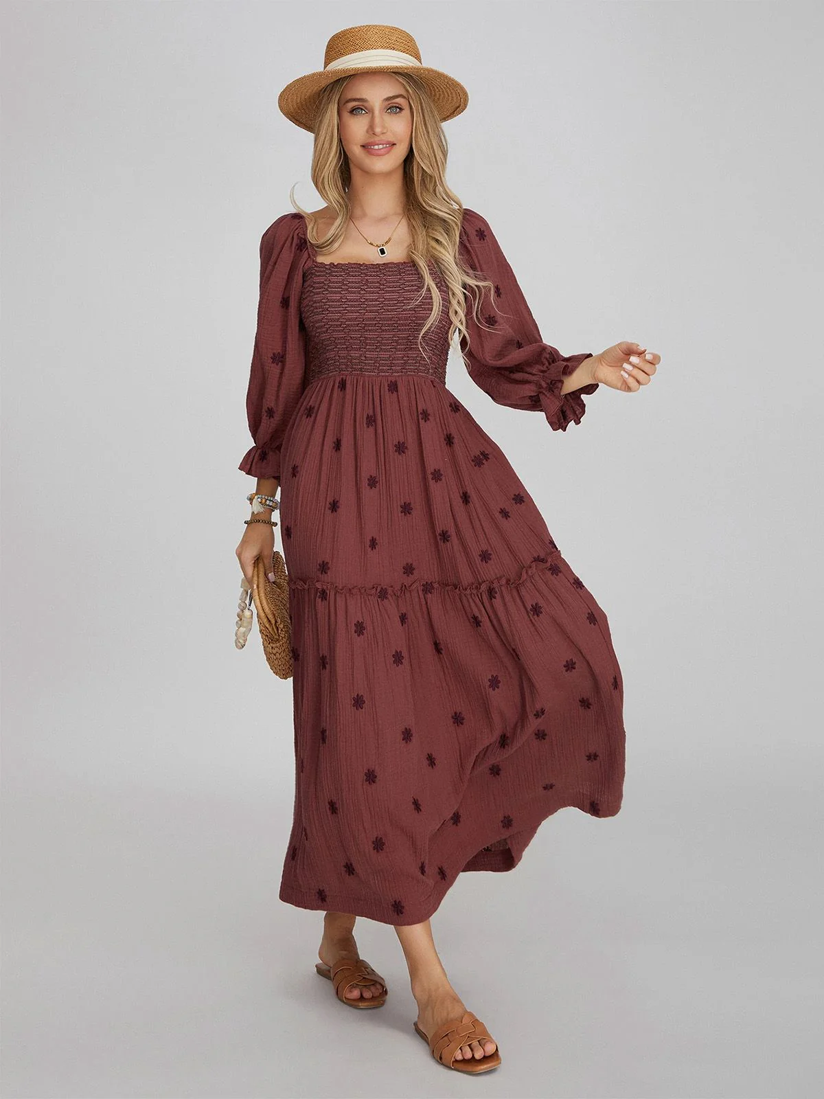 1940er Besticktes Blumen Laternenärmel Kleid - Image 3