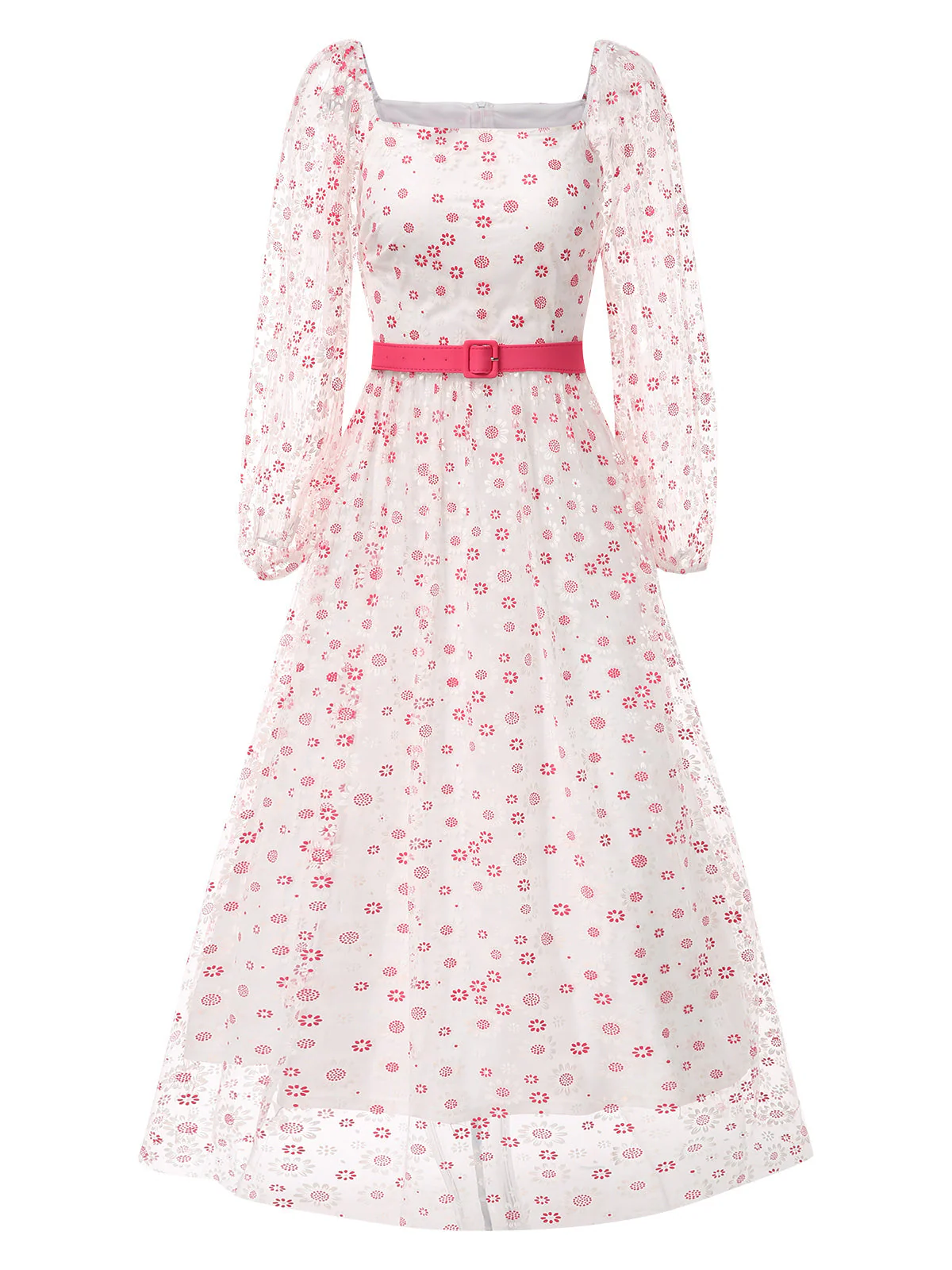 1940er Blumen Quadratischer Hals Gürtel Kleid - Image 3