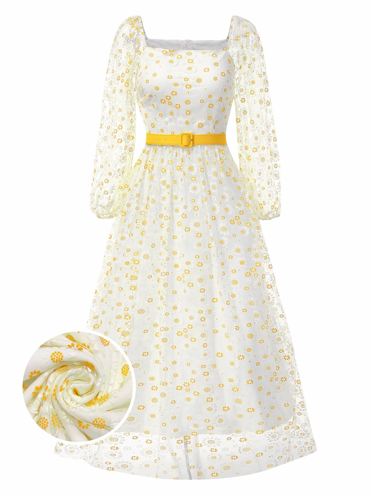 1940er Blumen Quadratischer Hals Gürtel Kleid - Image 8