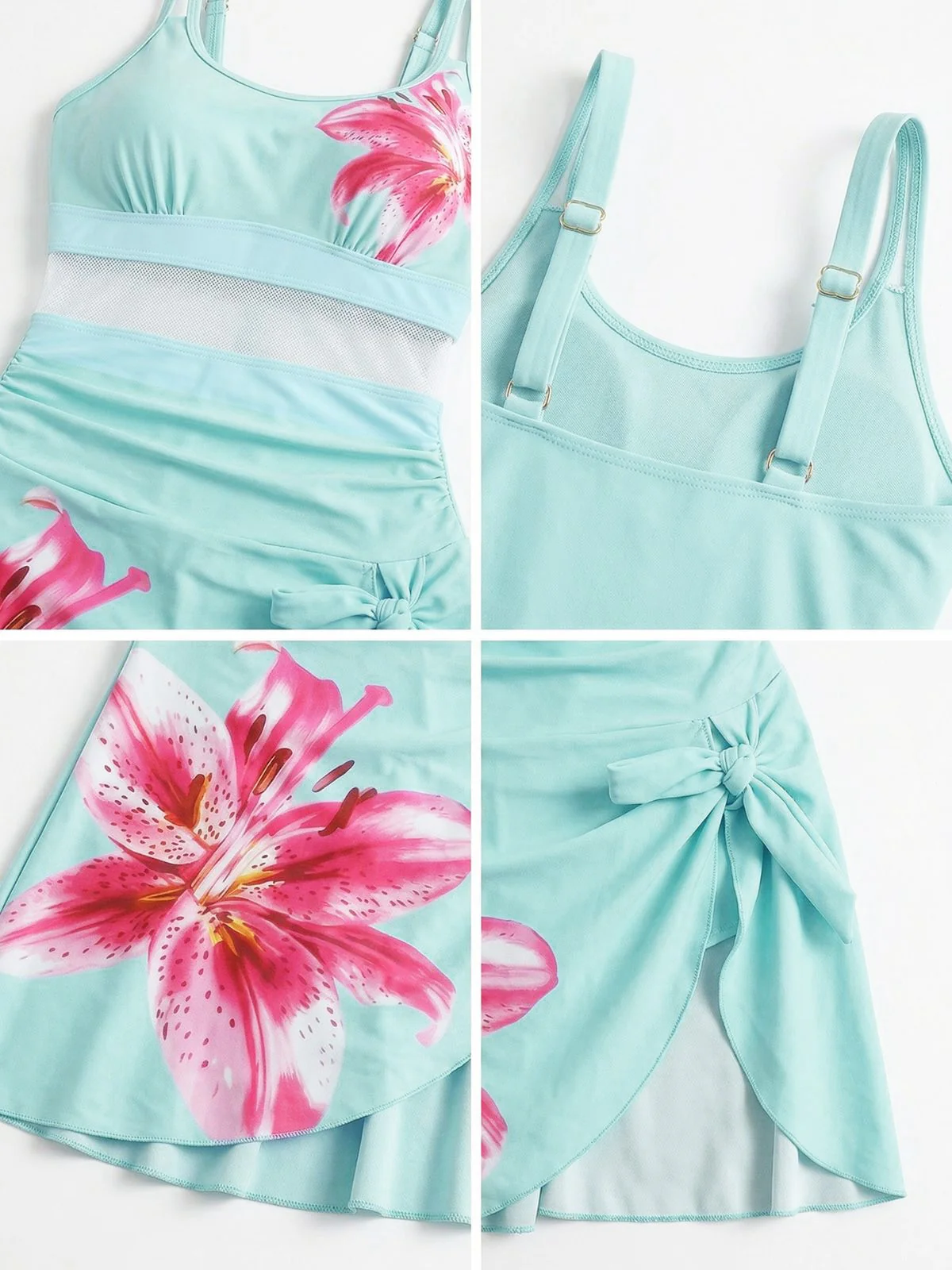 1940er Blumen Riemchen Rundausschnitt Schnür Netz Schwimmkleid - Image 4