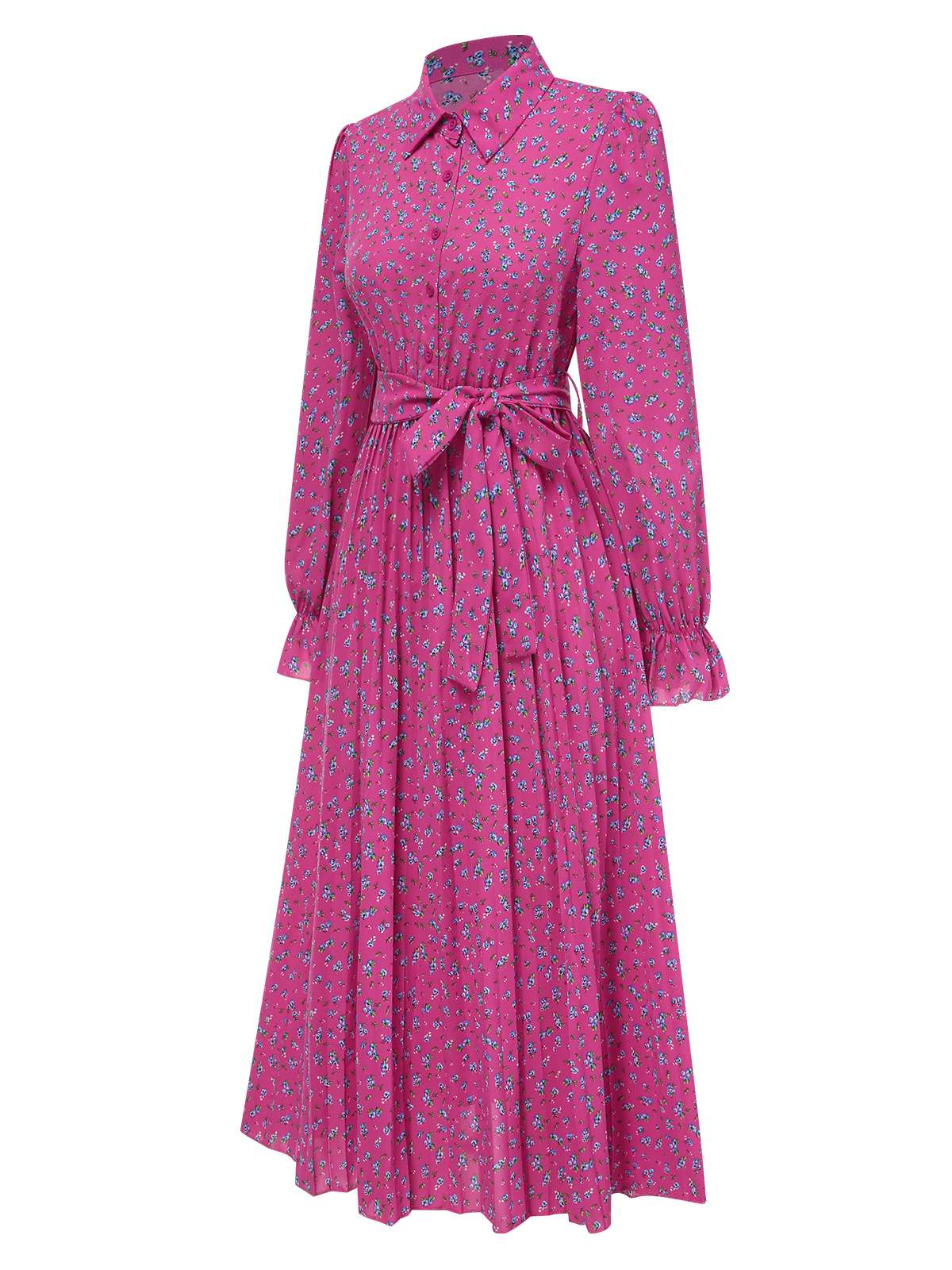 1940er Blumenmuster Plissiertes Gürtel Hemd Kleid - Image 3