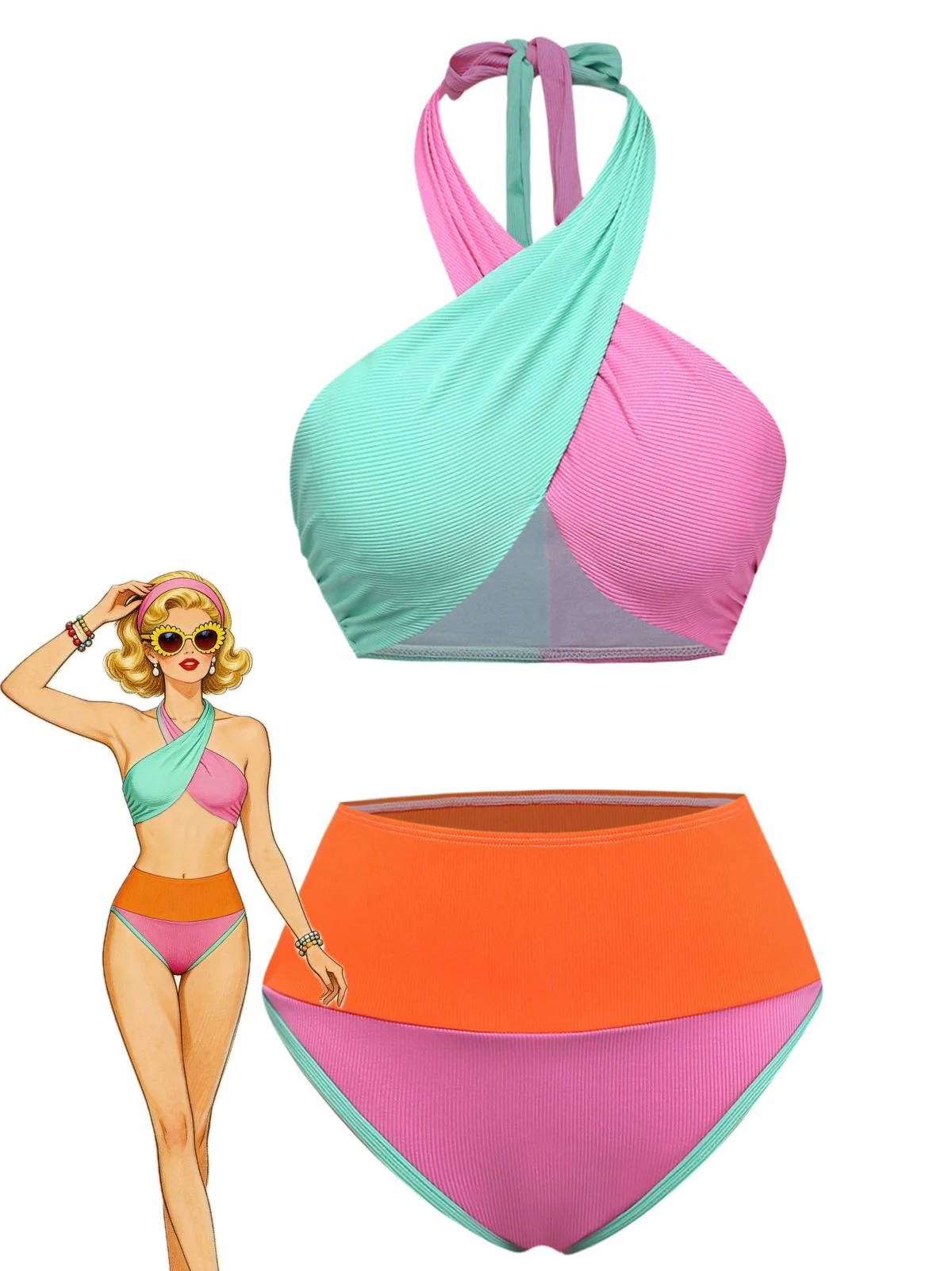 1940er Farbblock Halter Hochgeschnitten Bikini Set