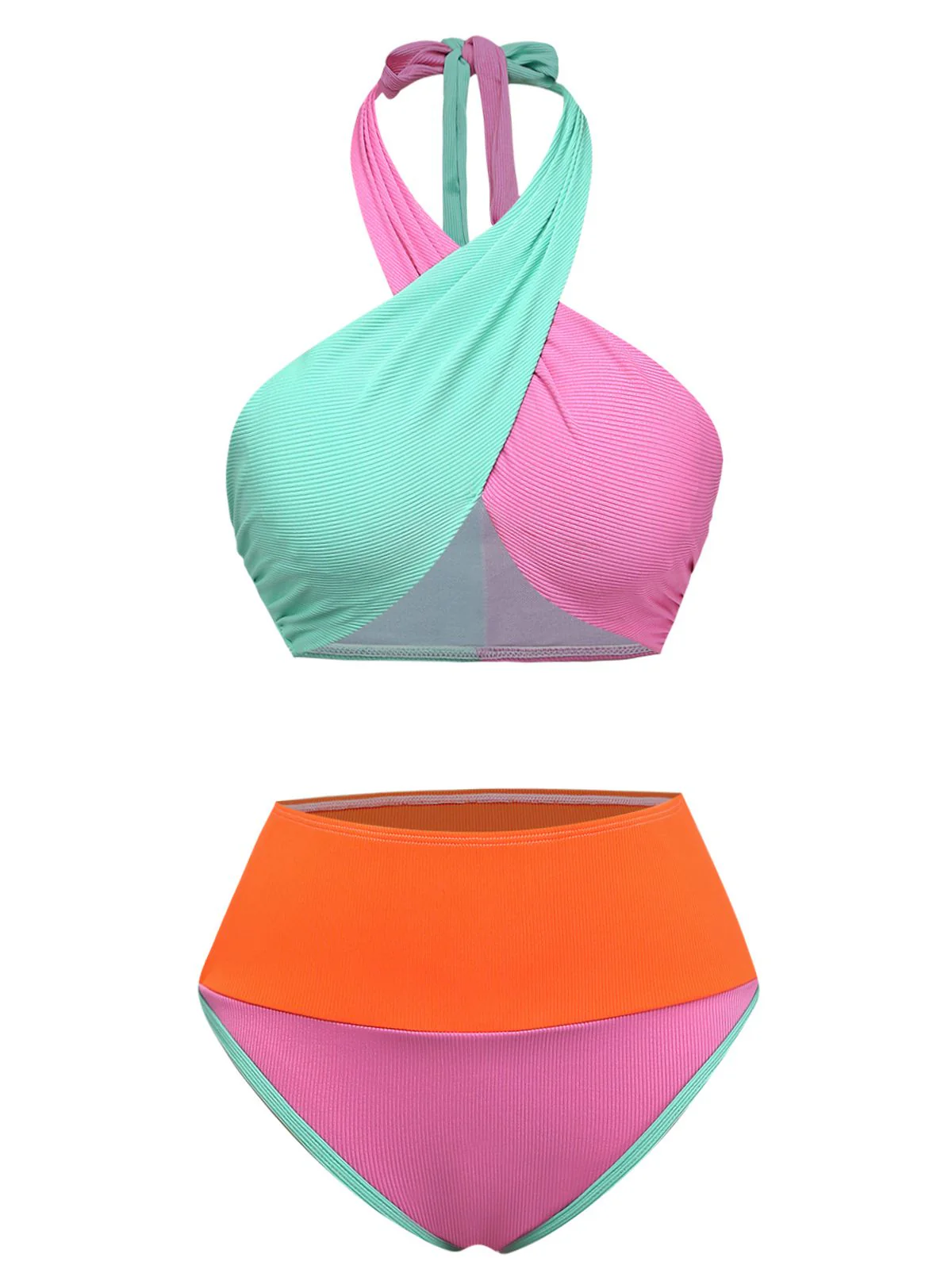 1940er Farbblock Halter Hochgeschnitten Bikini Set - Image 2
