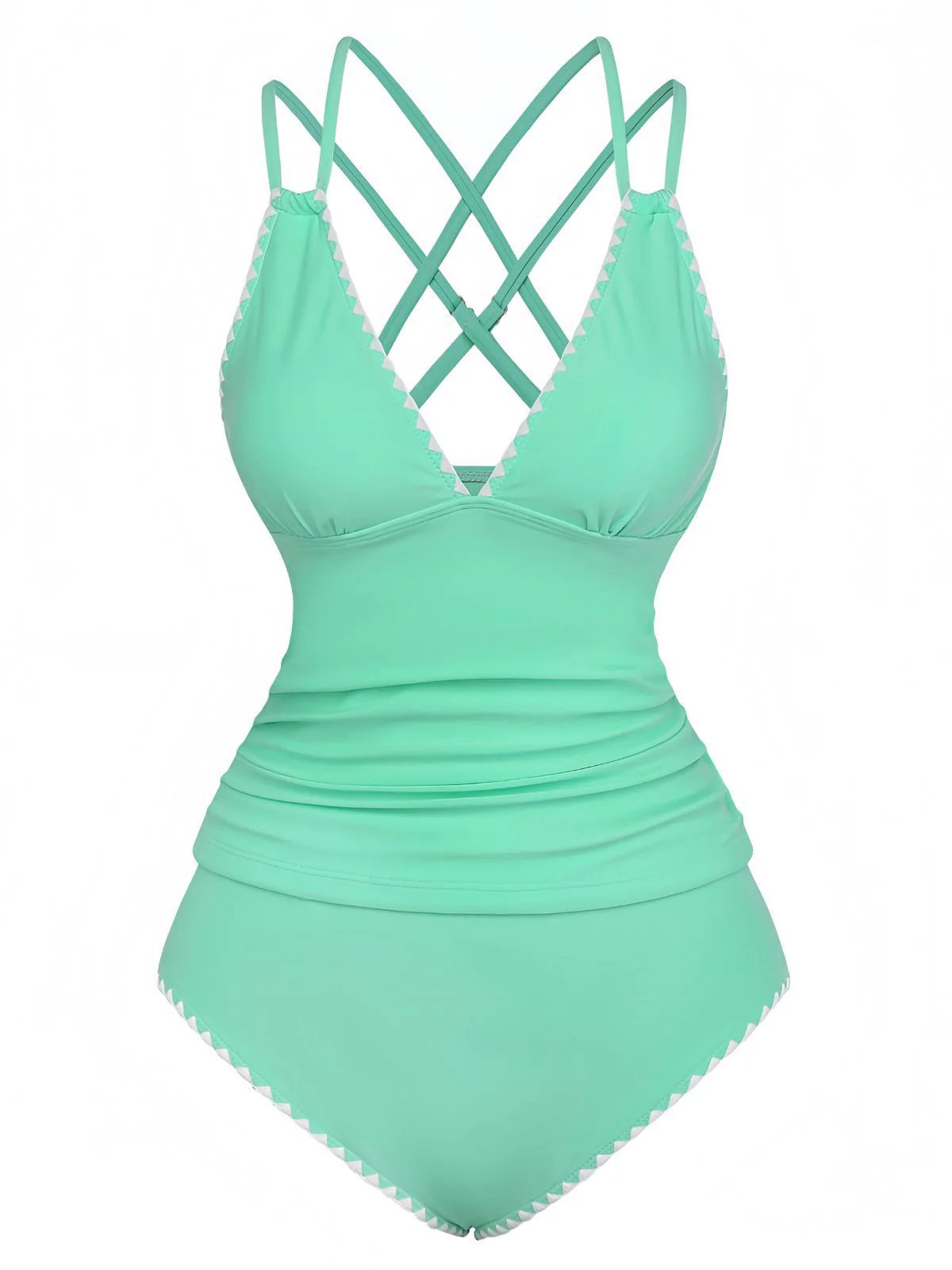 1940er Farbblock Tiefer V-Ausschnitt Rücken-Kreuzung Tankini Set - Image 14