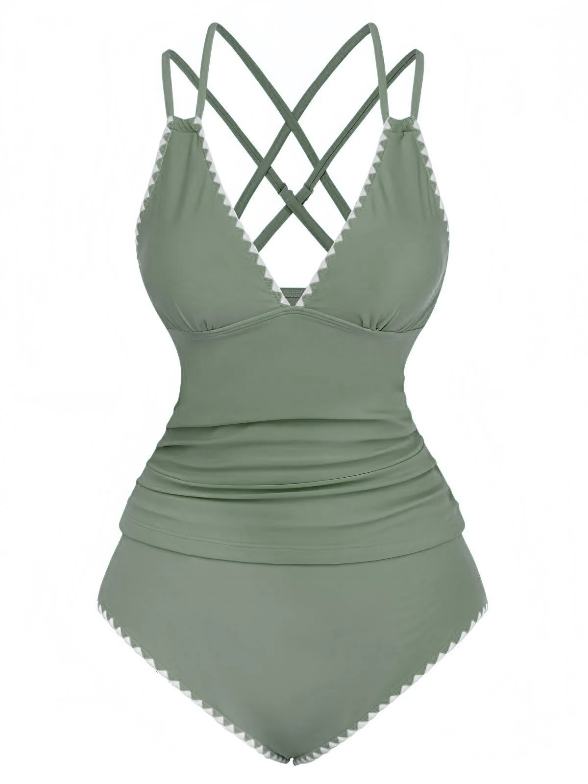 1940er Farbblock Tiefer V-Ausschnitt Rücken-Kreuzung Tankini Set - Image 2