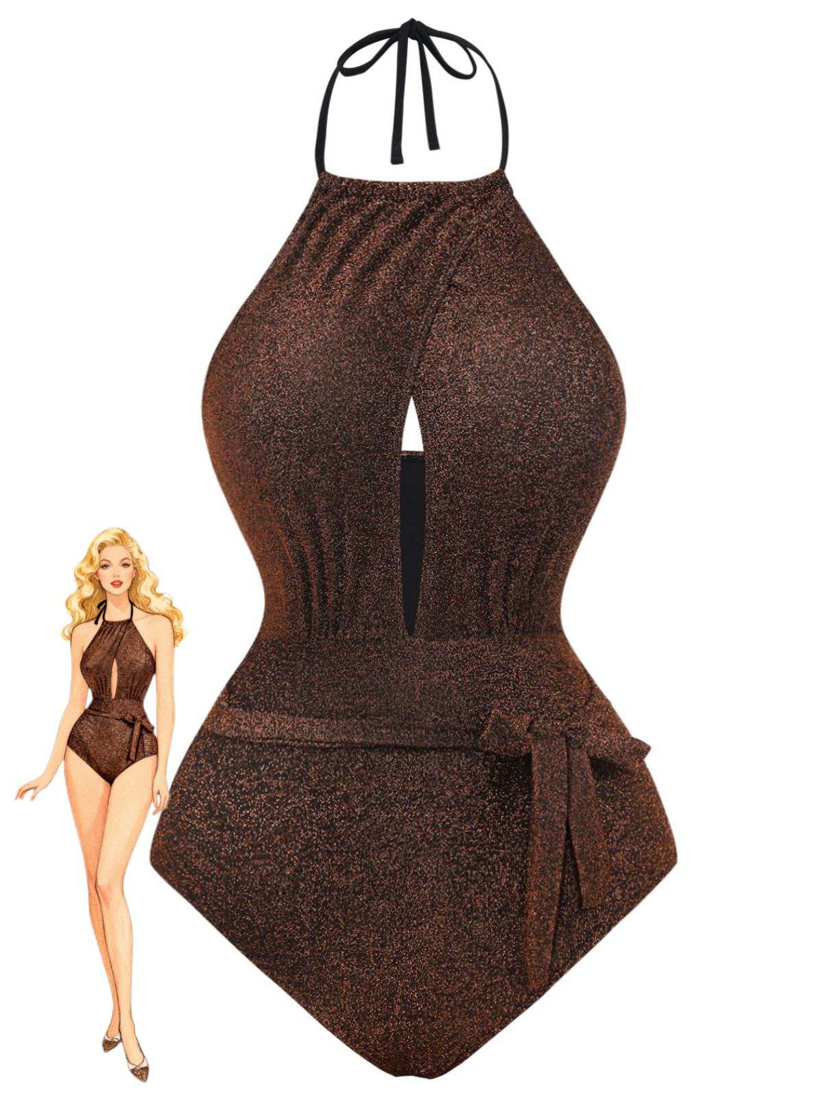 1940er Glitzer Halter Cutout Bogen Einteiliger Badeanzug