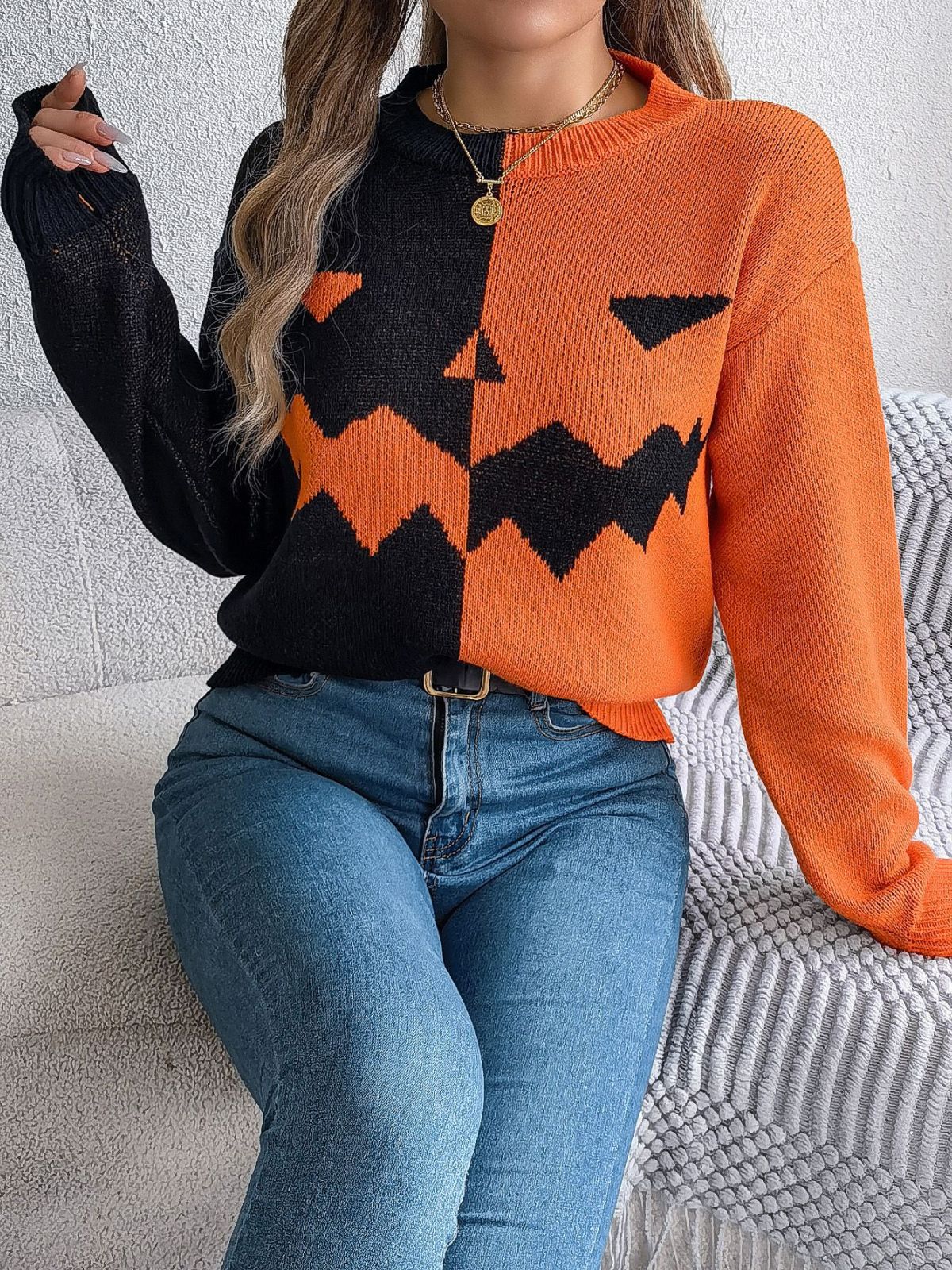 1940er Halloween Kürbis Gesicht Farbblock Stricken Pullover - Image 2