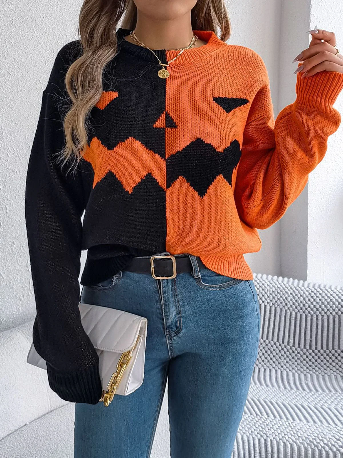 1940er Halloween Kürbis Gesicht Farbblock Stricken Pullover - Image 3