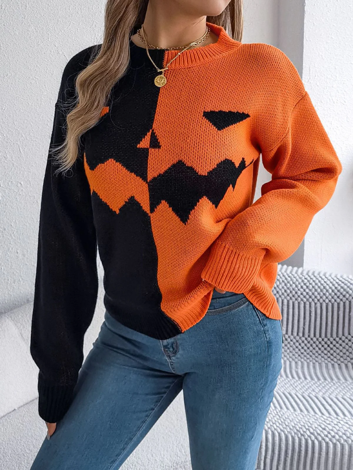 1940er Halloween Kürbis Gesicht Farbblock Stricken Pullover - Image 4