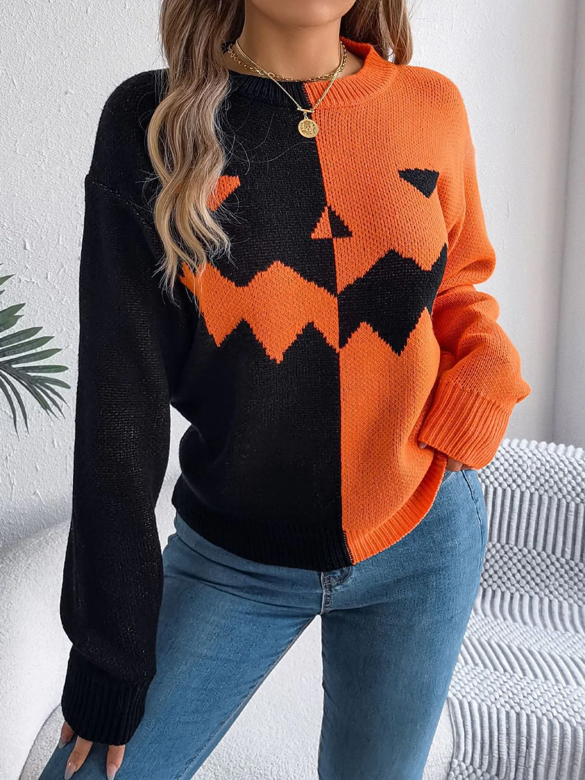1940er Halloween Kürbis Gesicht Farbblock Stricken Pullover - Image 6