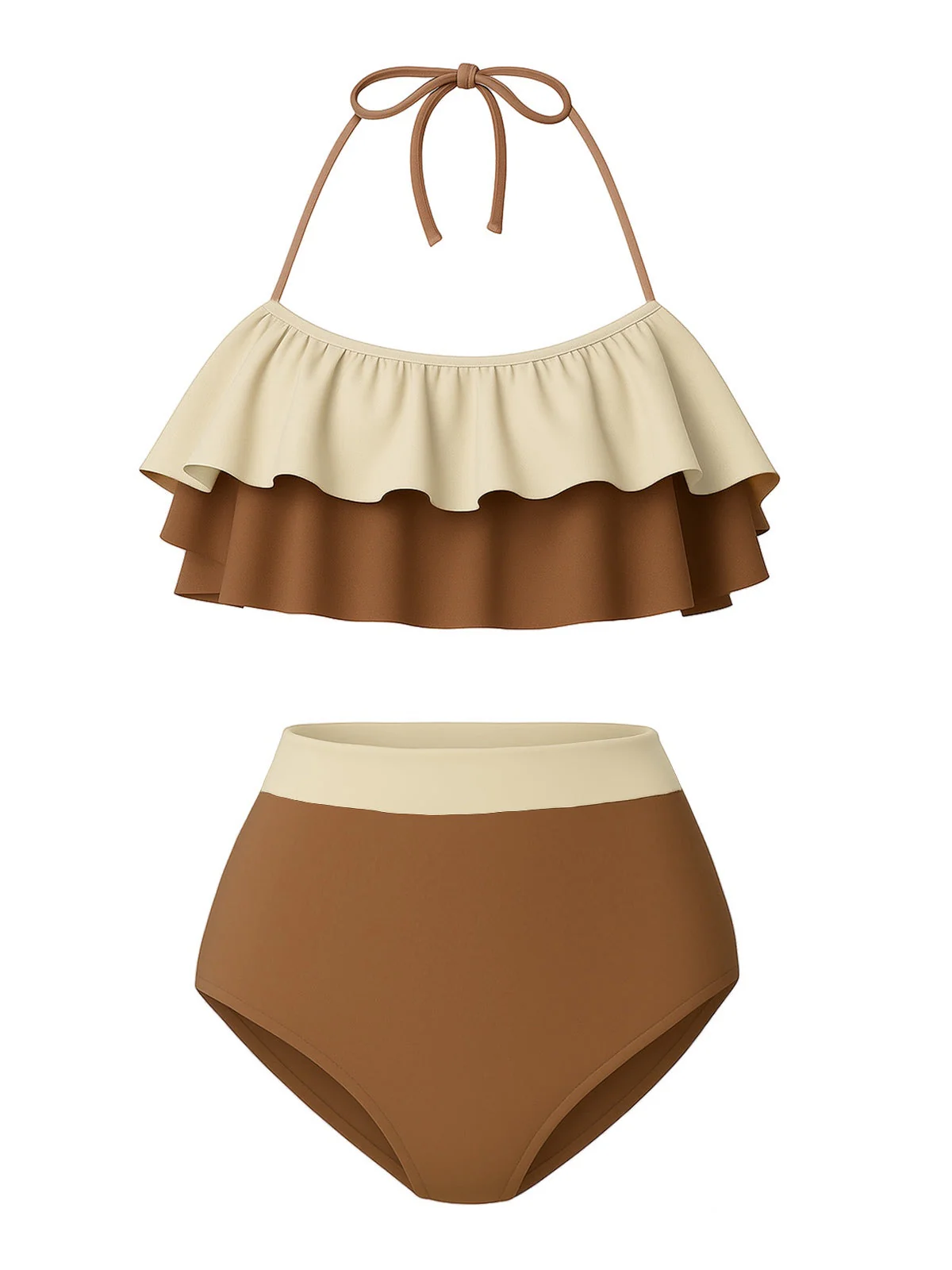 1940er Hohe Taille Farbblock Rüschen Halfter Tankini Set - Image 11
