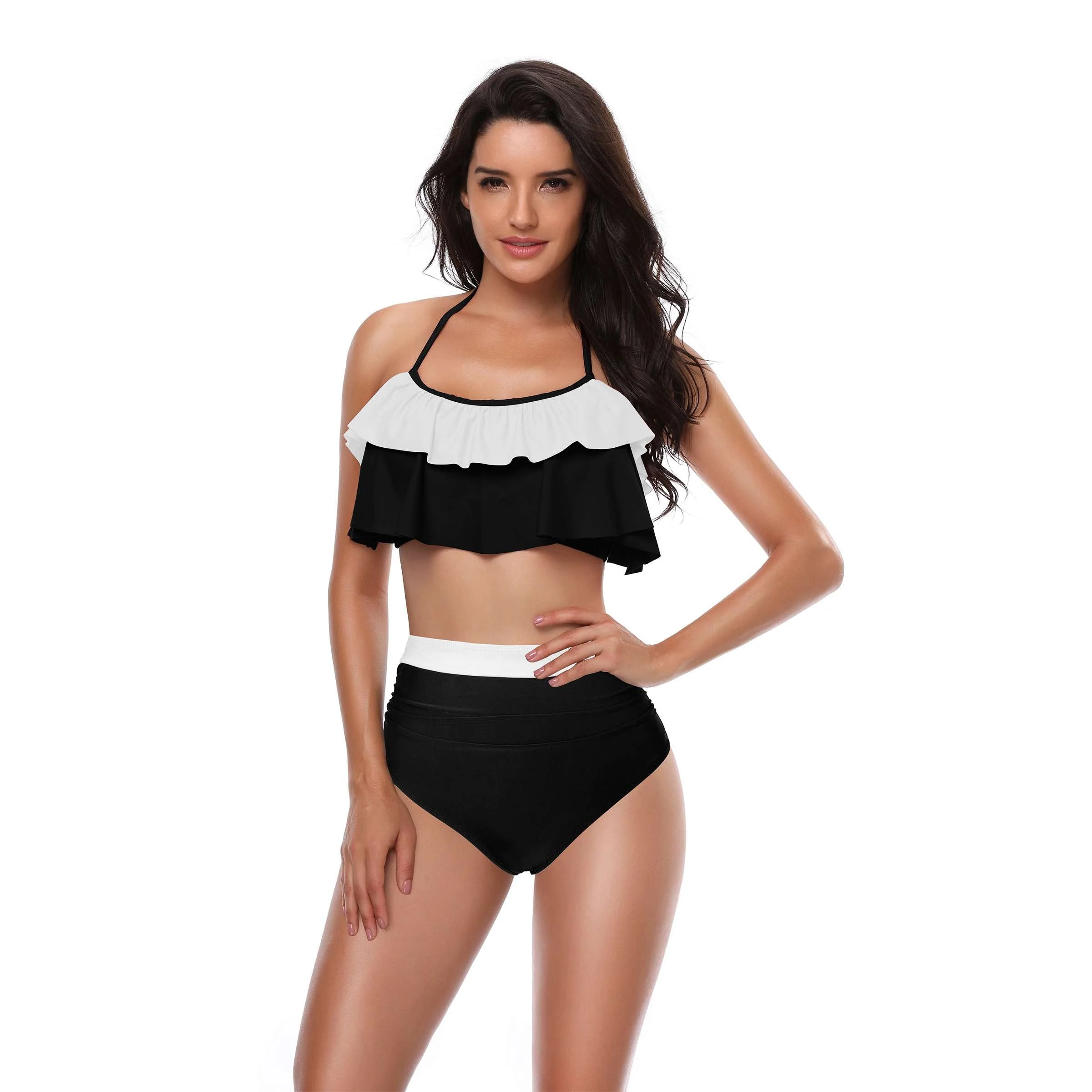 1940er Hohe Taille Farbblock Rüschen Halfter Tankini Set - Image 4