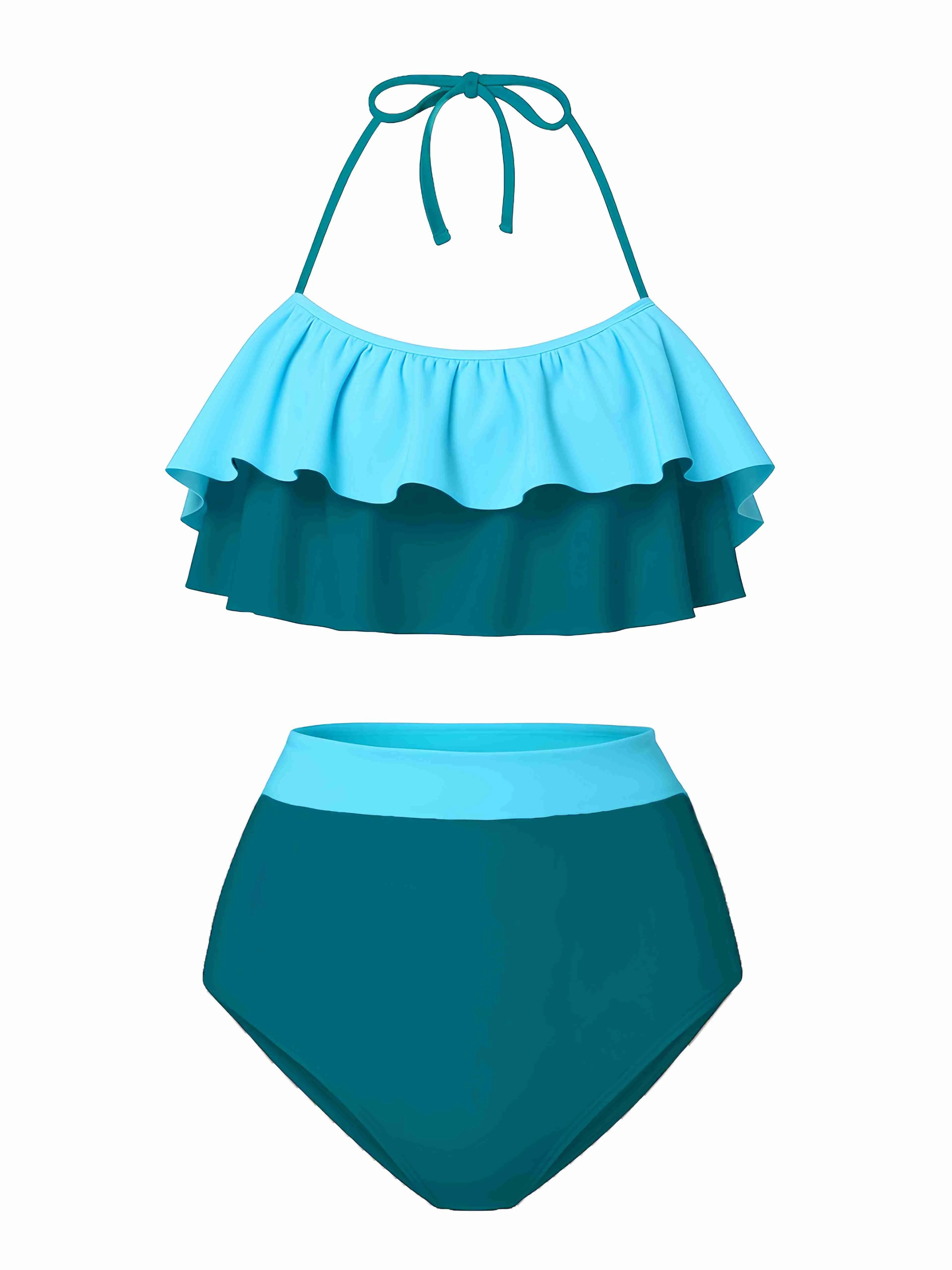 1940er Hohe Taille Farbblock Rüschen Halfter Tankini Set - Image 7