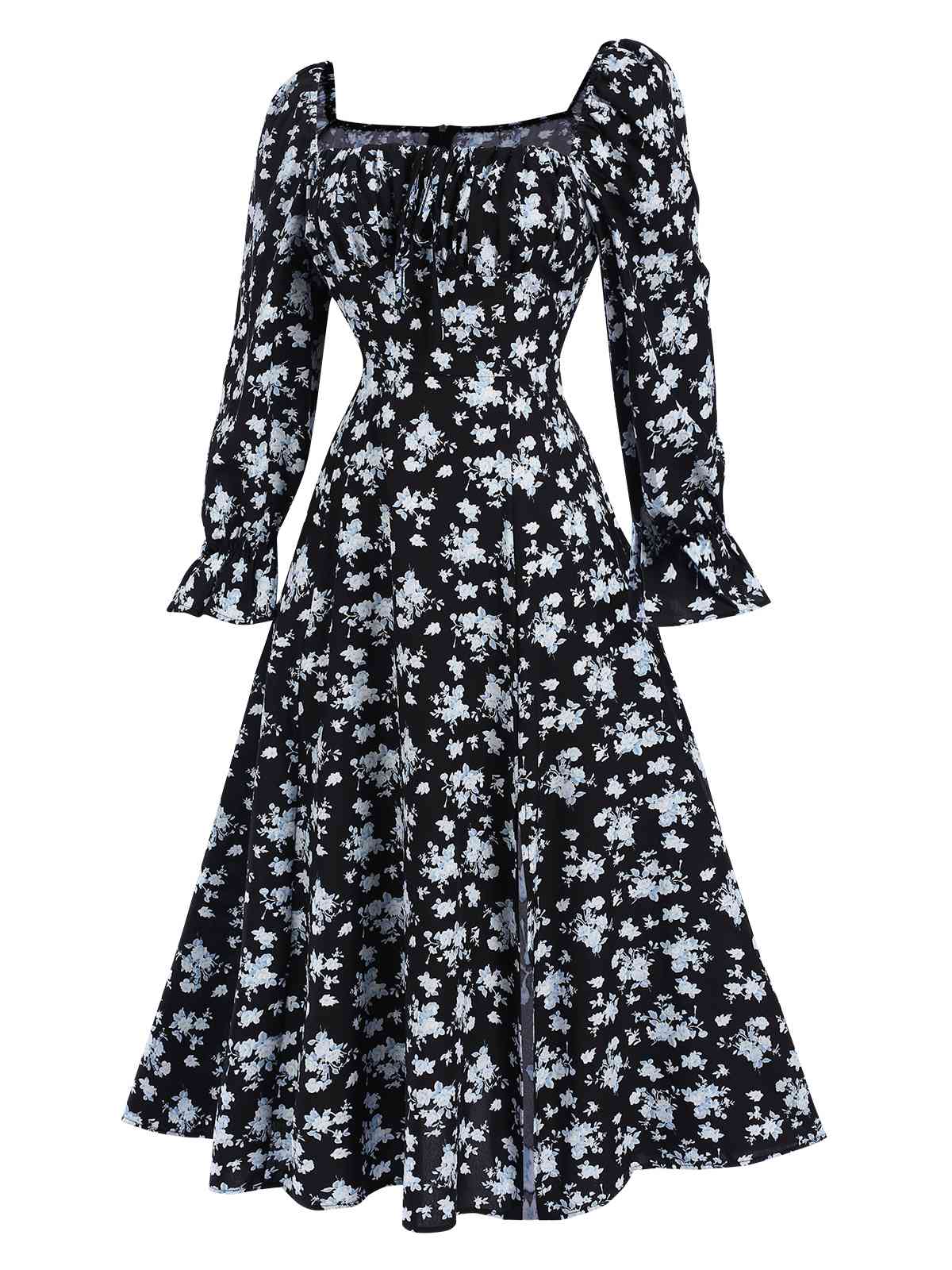 1940er Kordelzug Schlitz Quadratischer Hals Blumen Kleid - Image 2