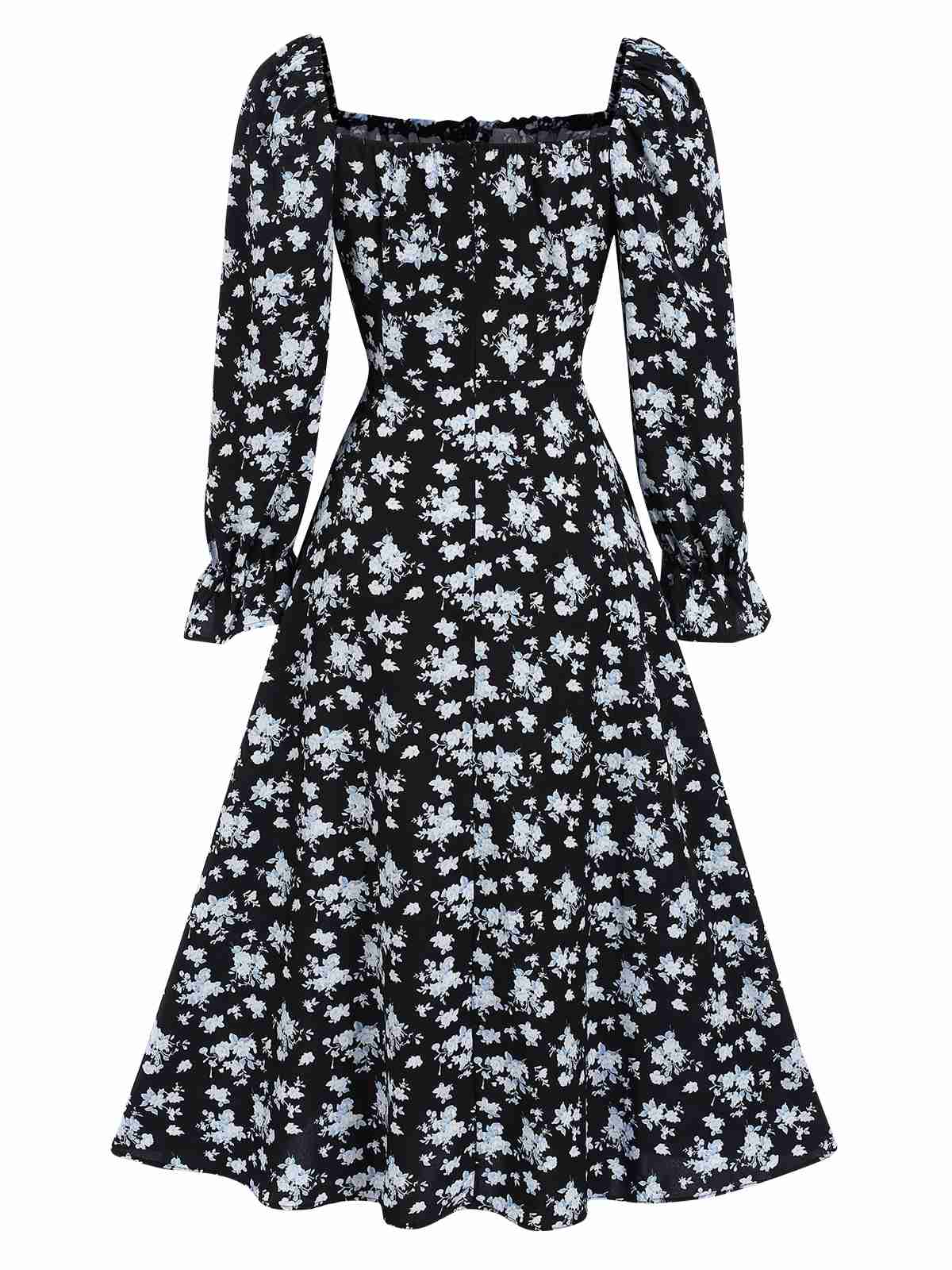 1940er Kordelzug Schlitz Quadratischer Hals Blumen Kleid - Image 3