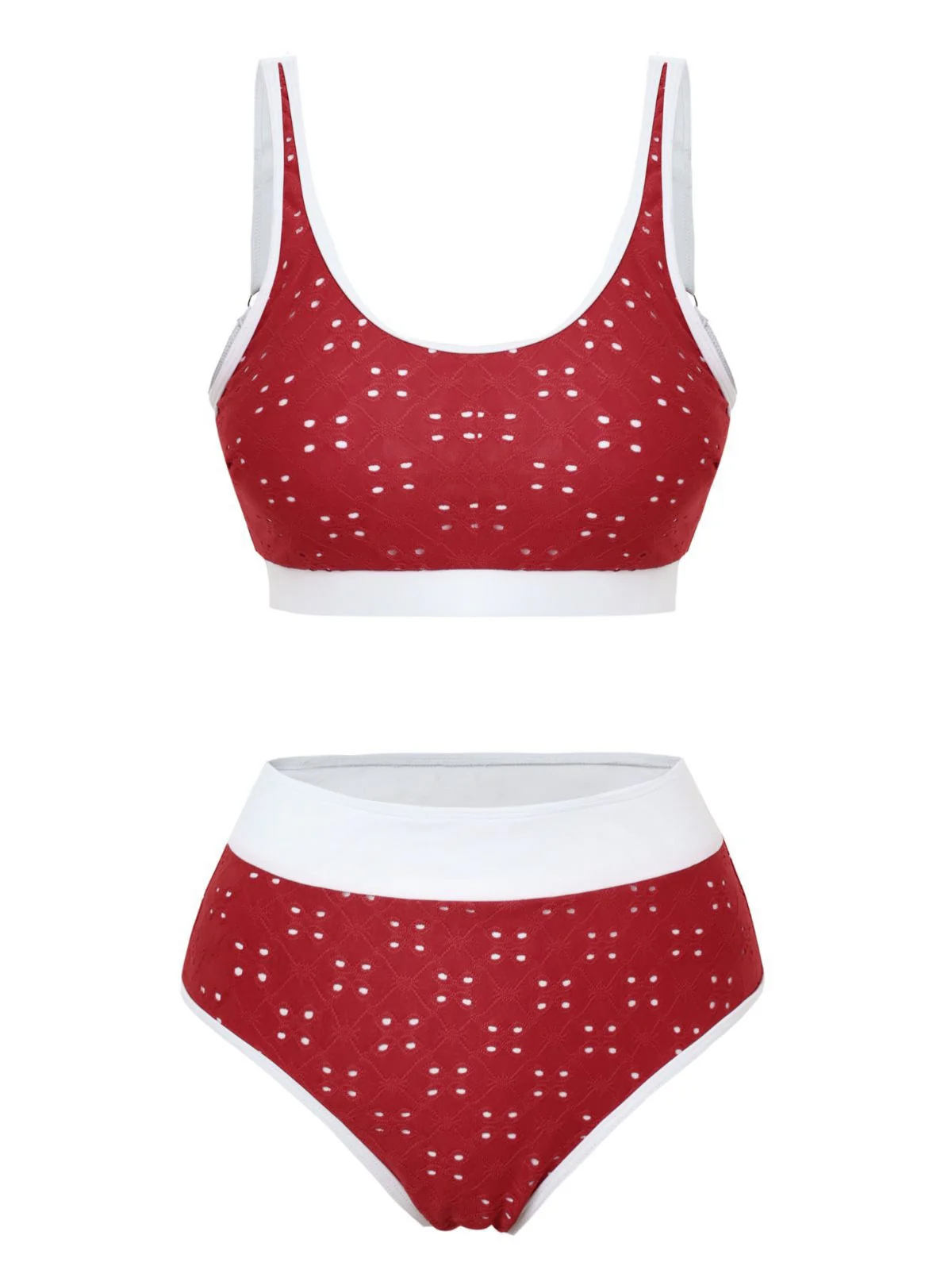 1940er Lochstickerei Hohe Taille Farbblock Tankini Set - Image 2