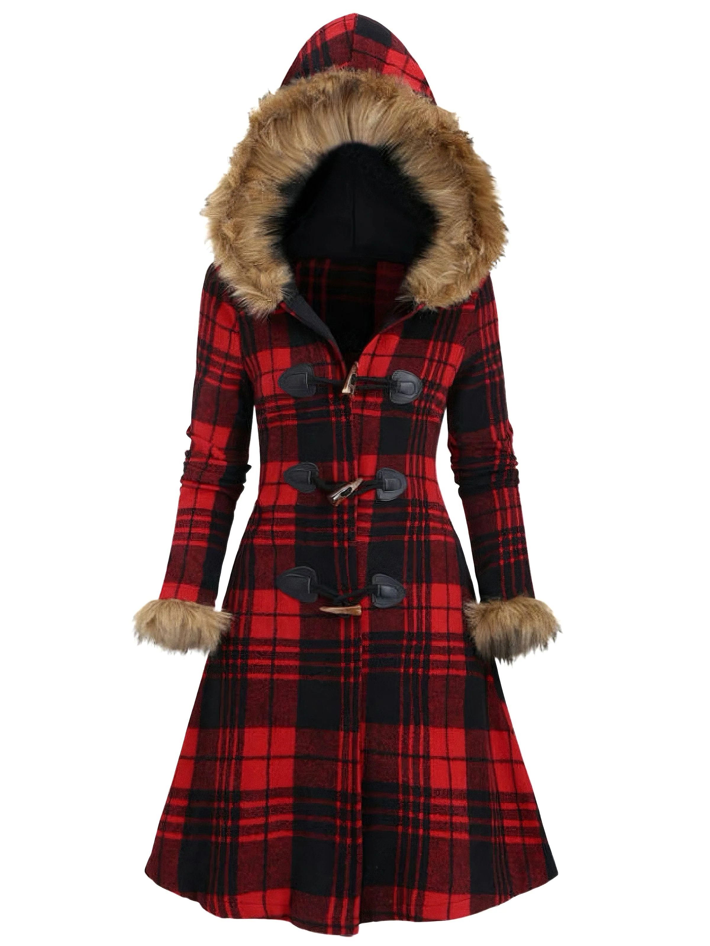 1940er Plaid Toggle Kunstpelzbesatz Hooded Mantel - Image 3