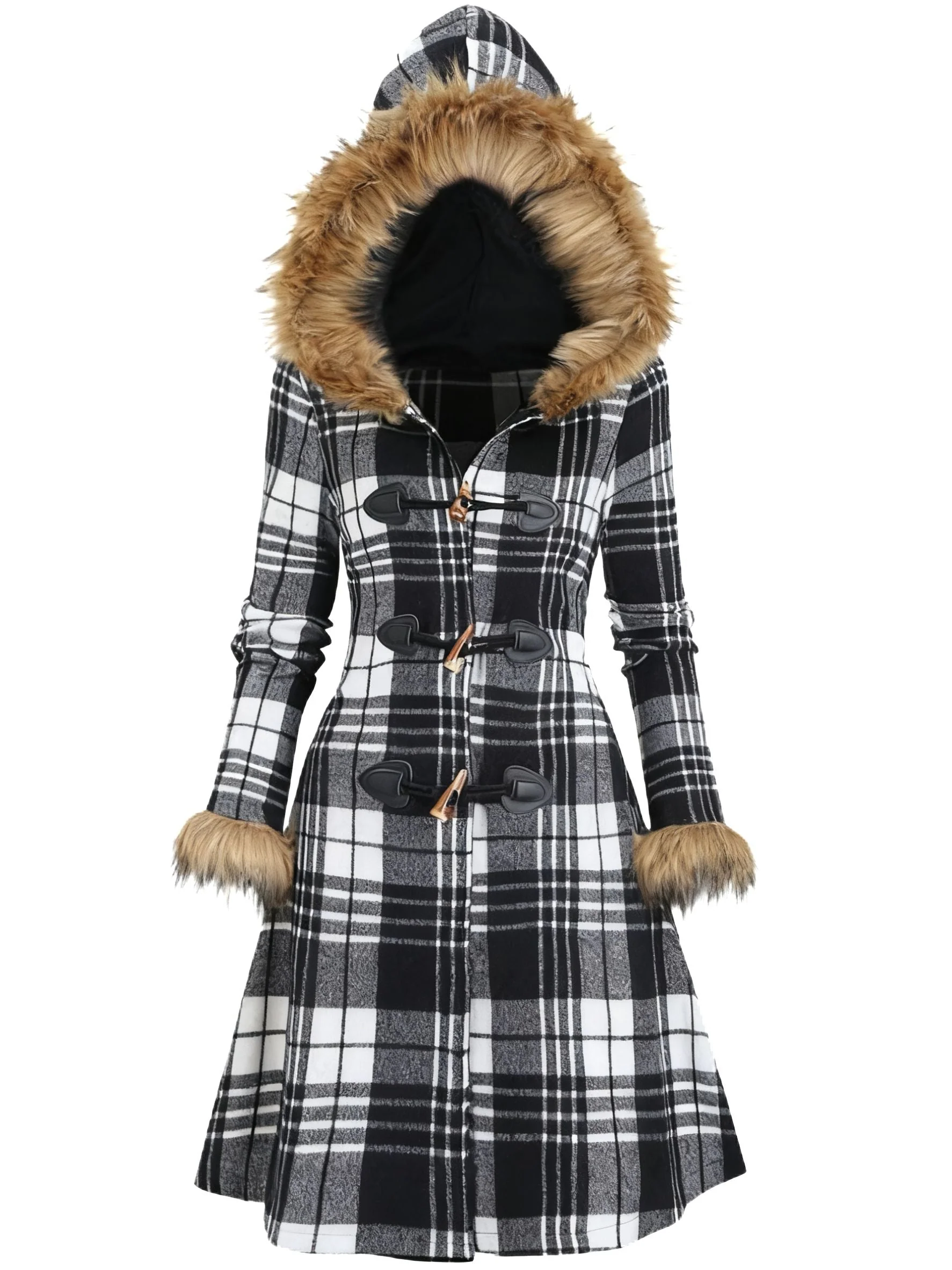 1940er Plaid Toggle Kunstpelzbesatz Hooded Mantel - Image 5
