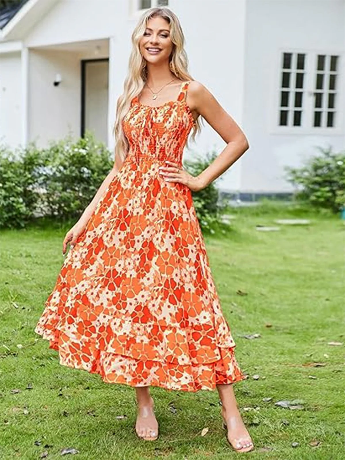 1940er Quadratischer Ausschnitt Asymmetrisch Blumen Plissiertes Kleid - Image 2