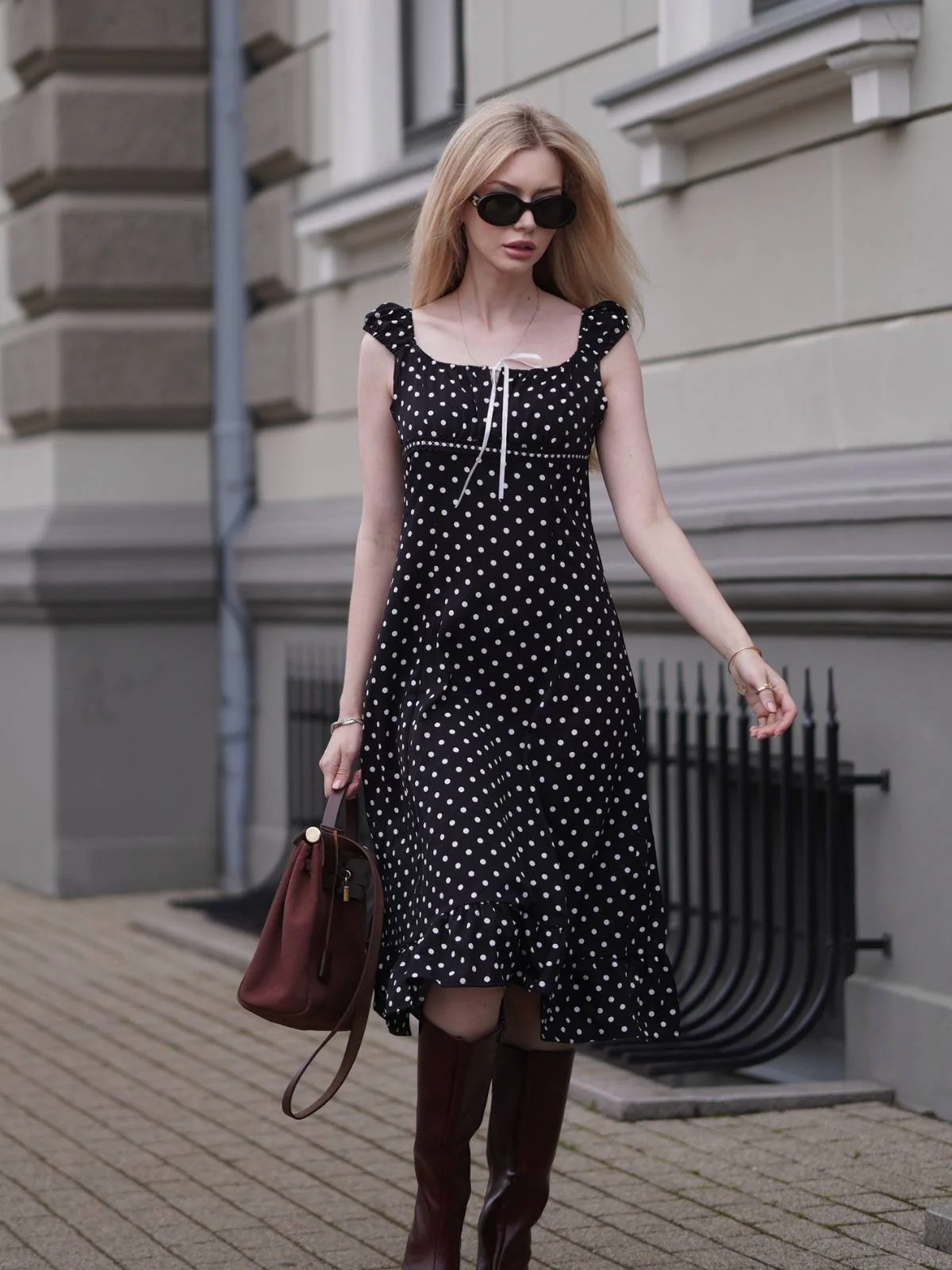 1940er Quadratischer Hals Polka Dot Rüschen Kleid - Image 2