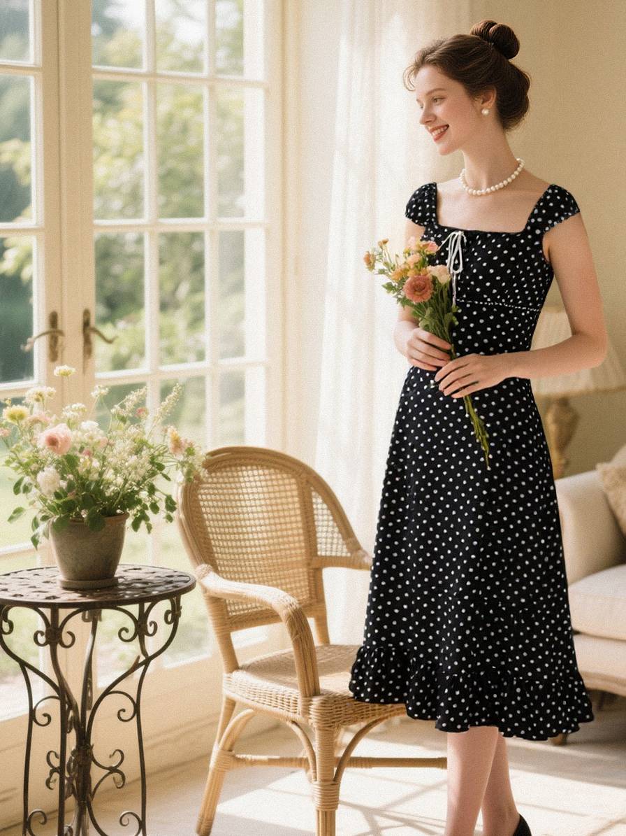 1940er Quadratischer Hals Polka Dot Rüschen Kleid - Image 3