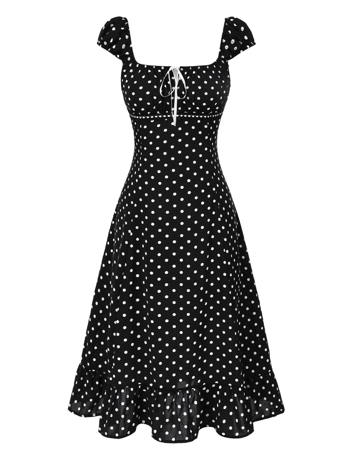 1940er Quadratischer Hals Polka Dot Rüschen Kleid - Image 4