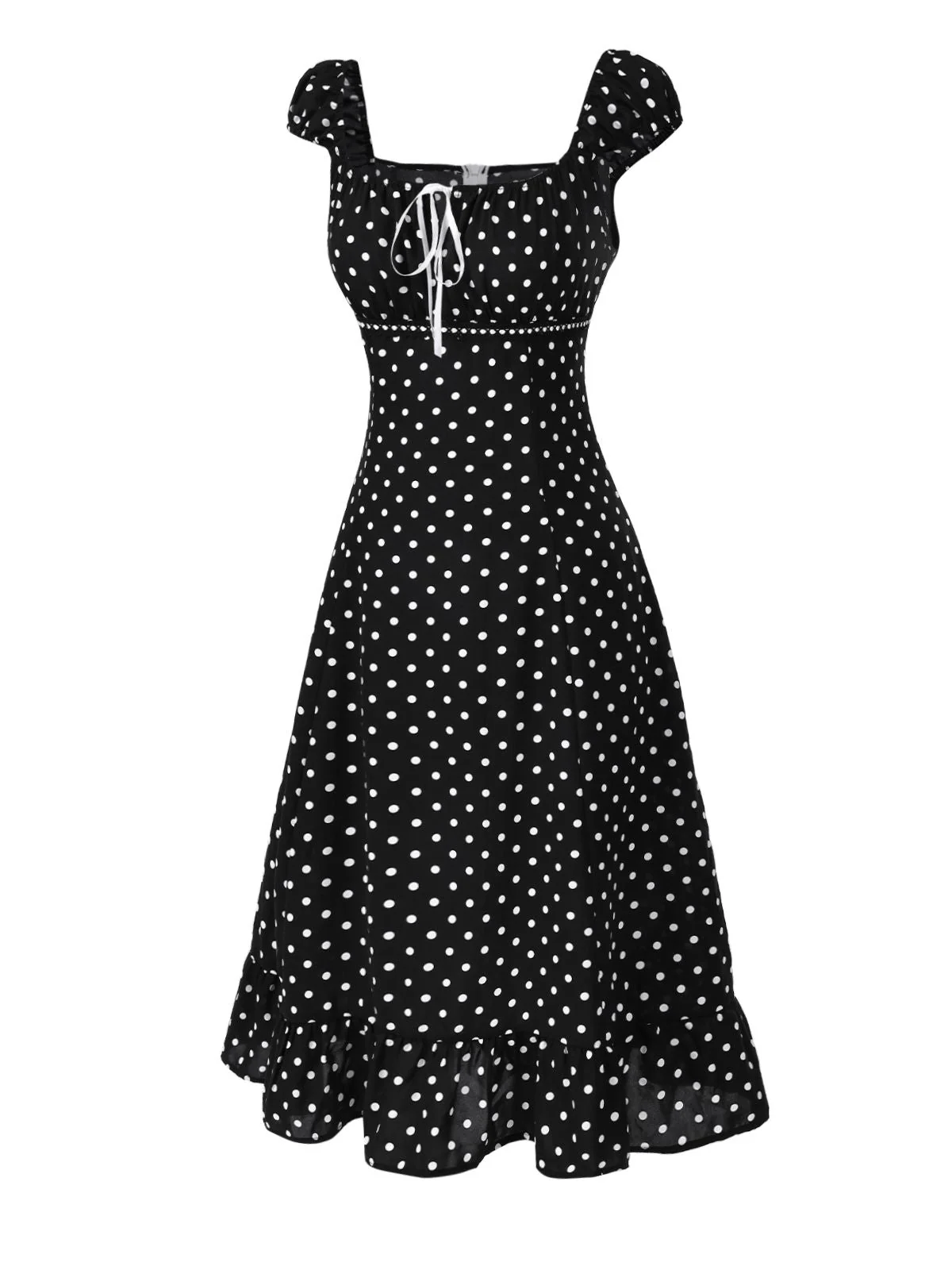 1940er Quadratischer Hals Polka Dot Rüschen Kleid - Image 5