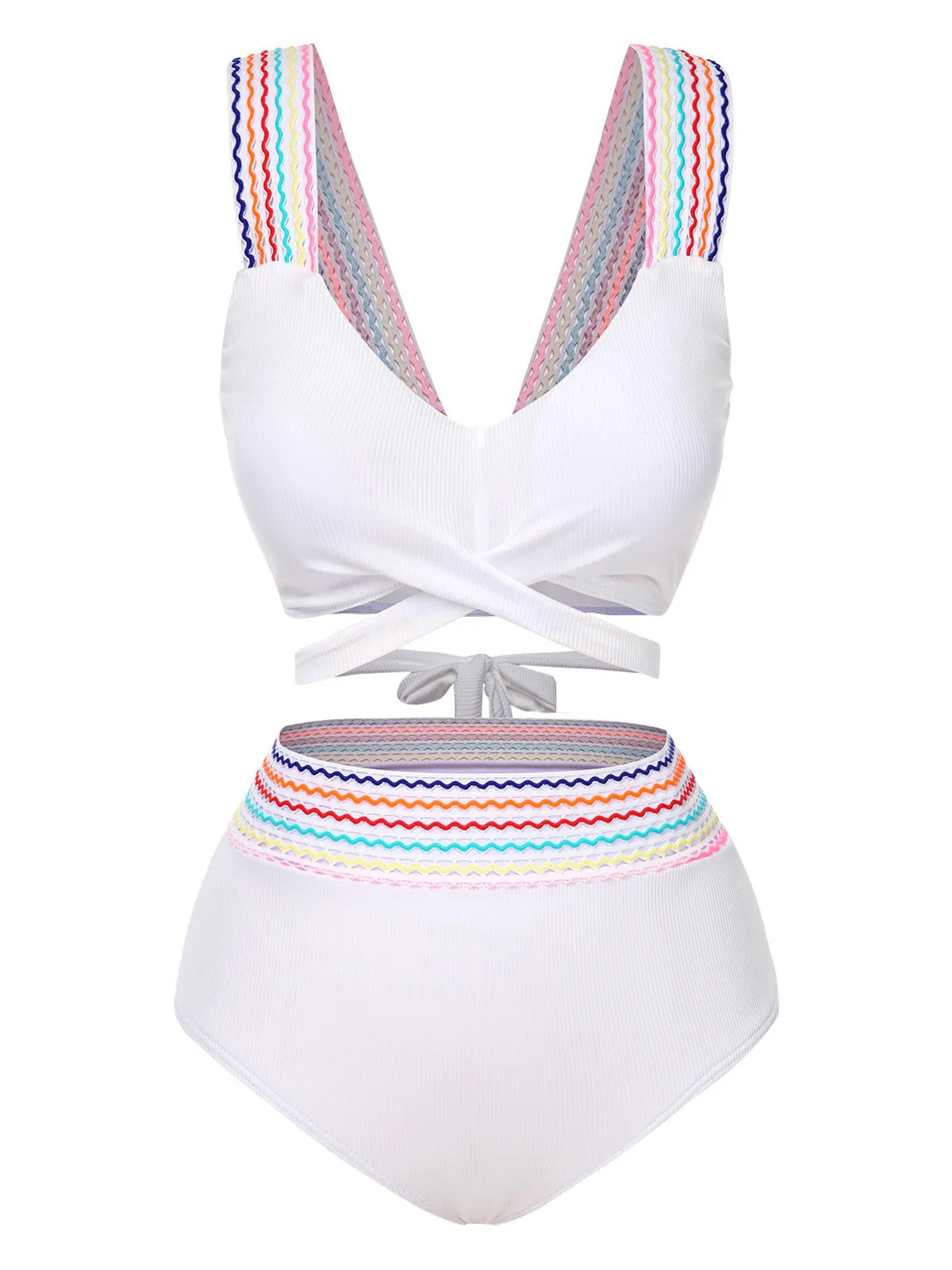1940er Regenbogen Schnürung Patchwork Gurt Bikini Set - Image 4