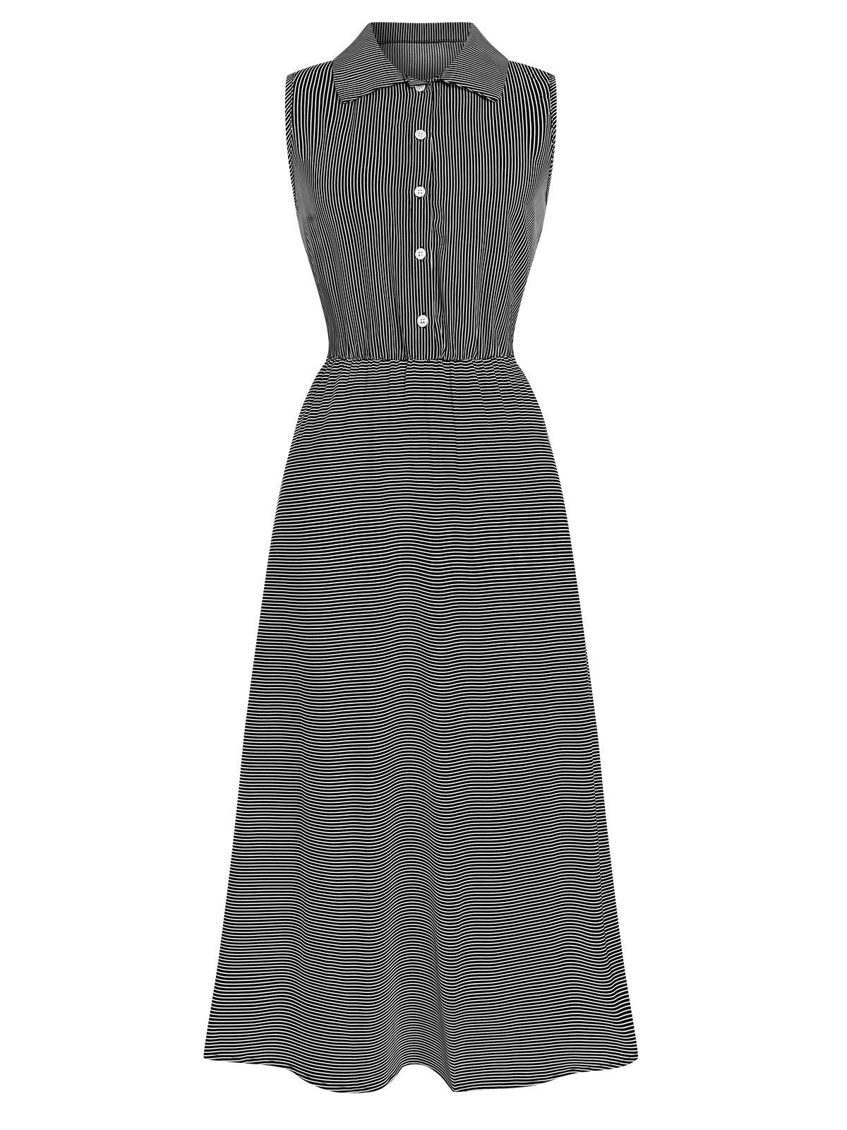 1940er Revers Streifen Ärmellos Kleid