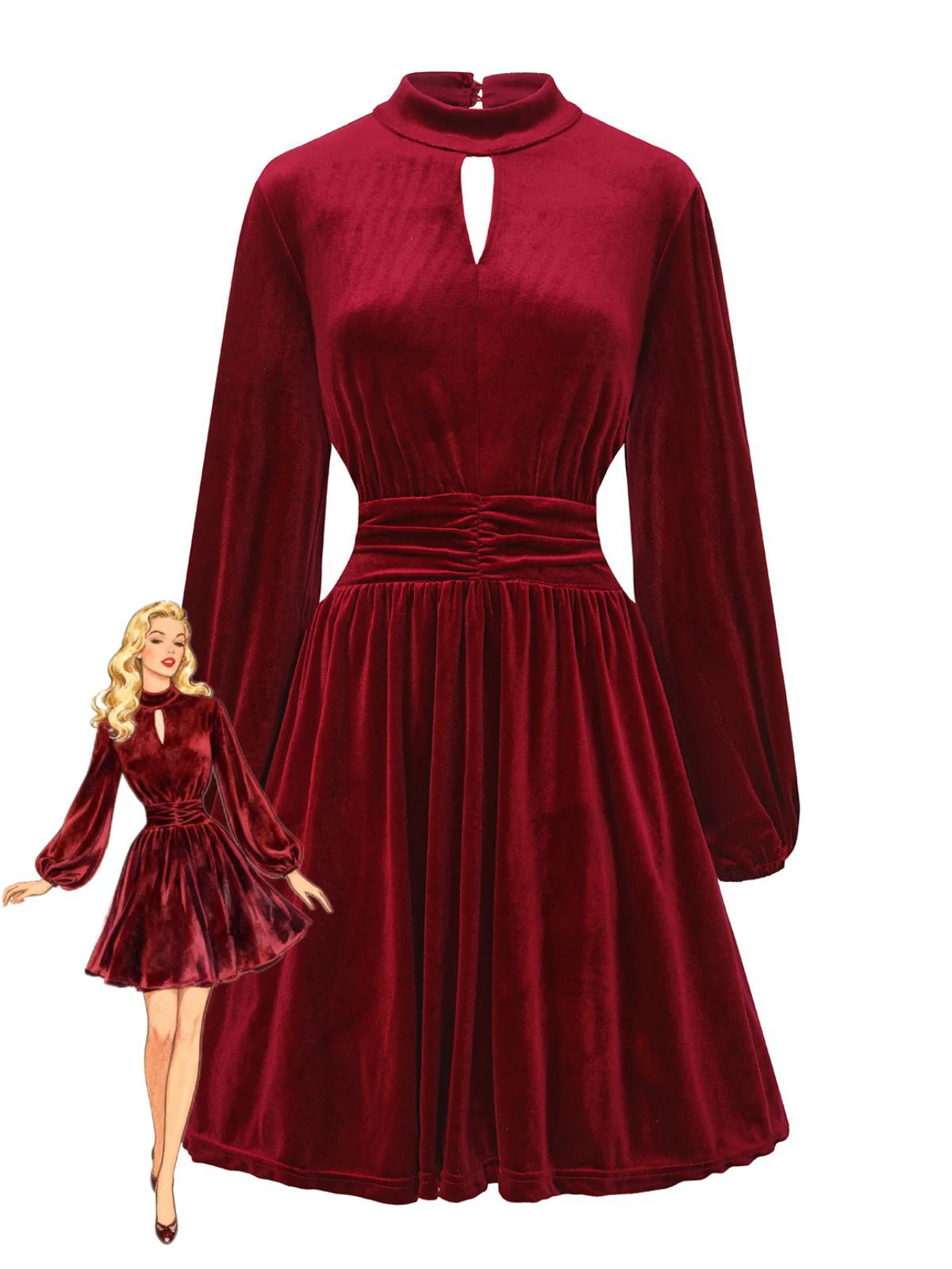 1940er Samt Cutout Plissiertes Laternenärmel Kleid