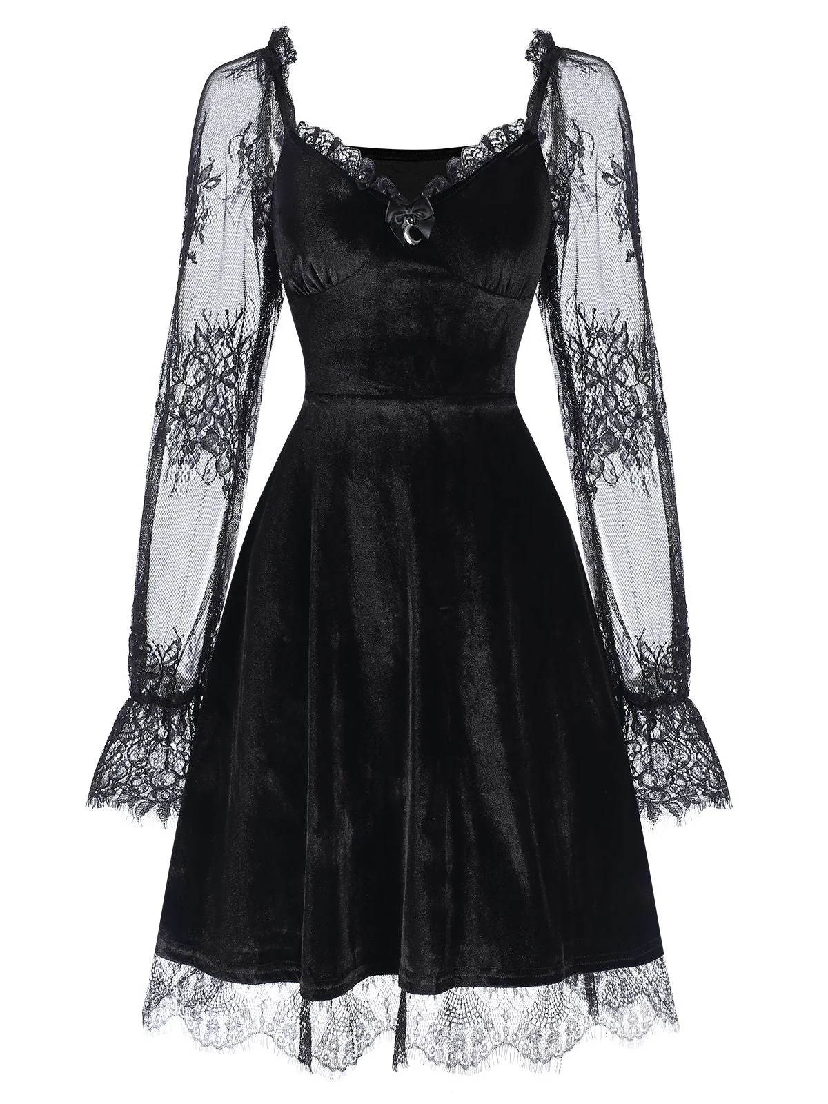 1940er Samt Spitze Ausgestelltes Patchwork Kleid - Image 2