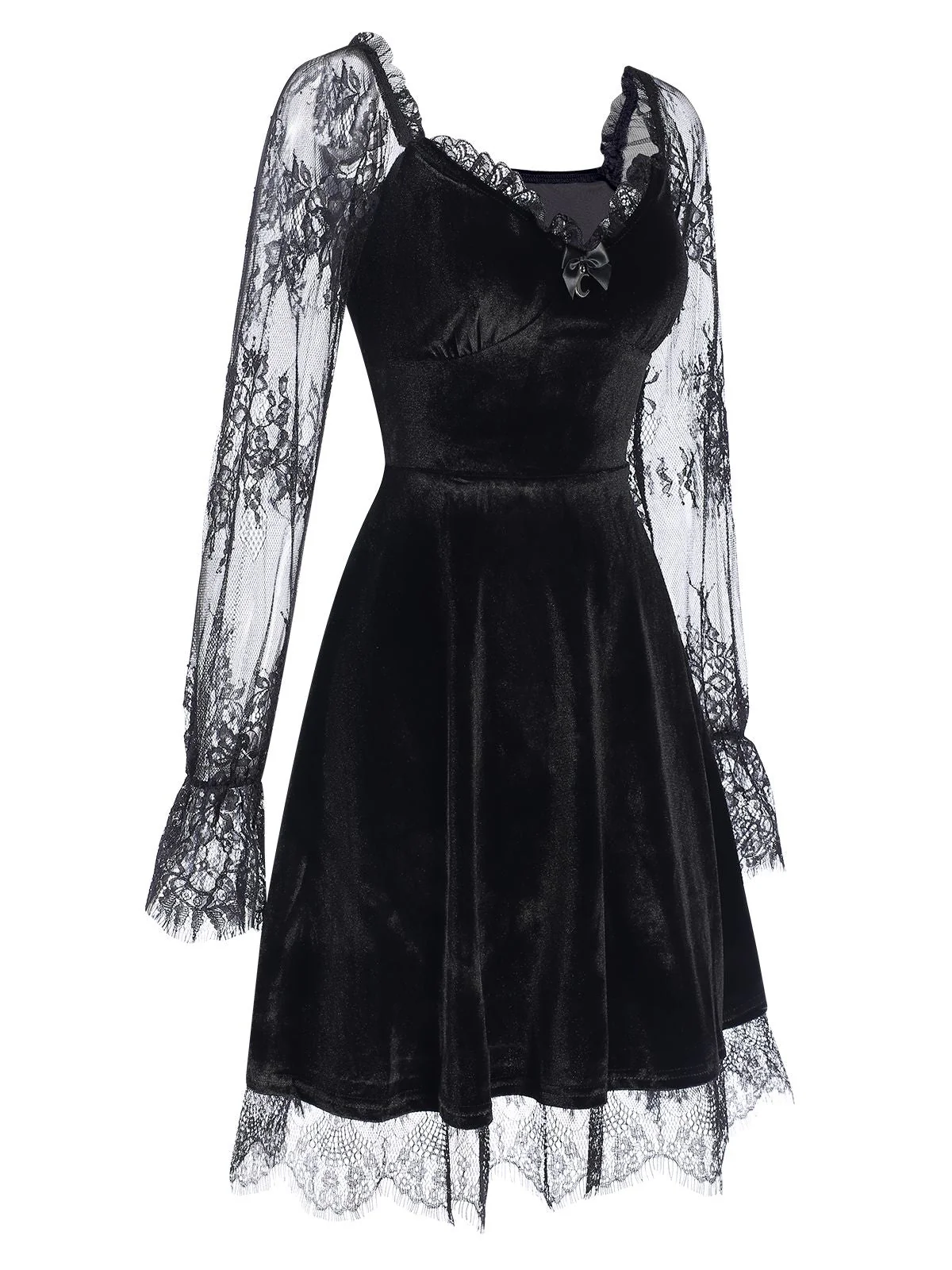 1940er Samt Spitze Ausgestelltes Patchwork Kleid - Image 4