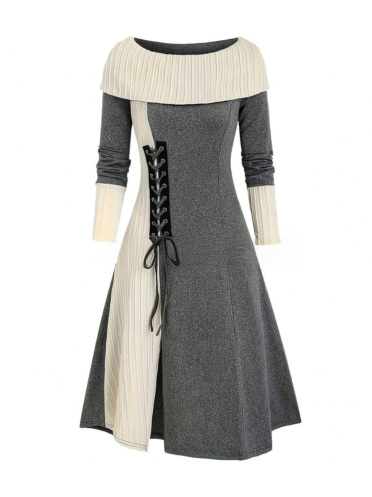 1940er Schnürung Farbblock Schulterfrei Kleid - Image 2