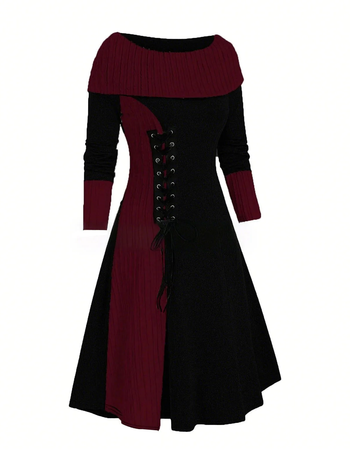 1940er Schnürung Farbblock Schulterfrei Kleid - Image 3