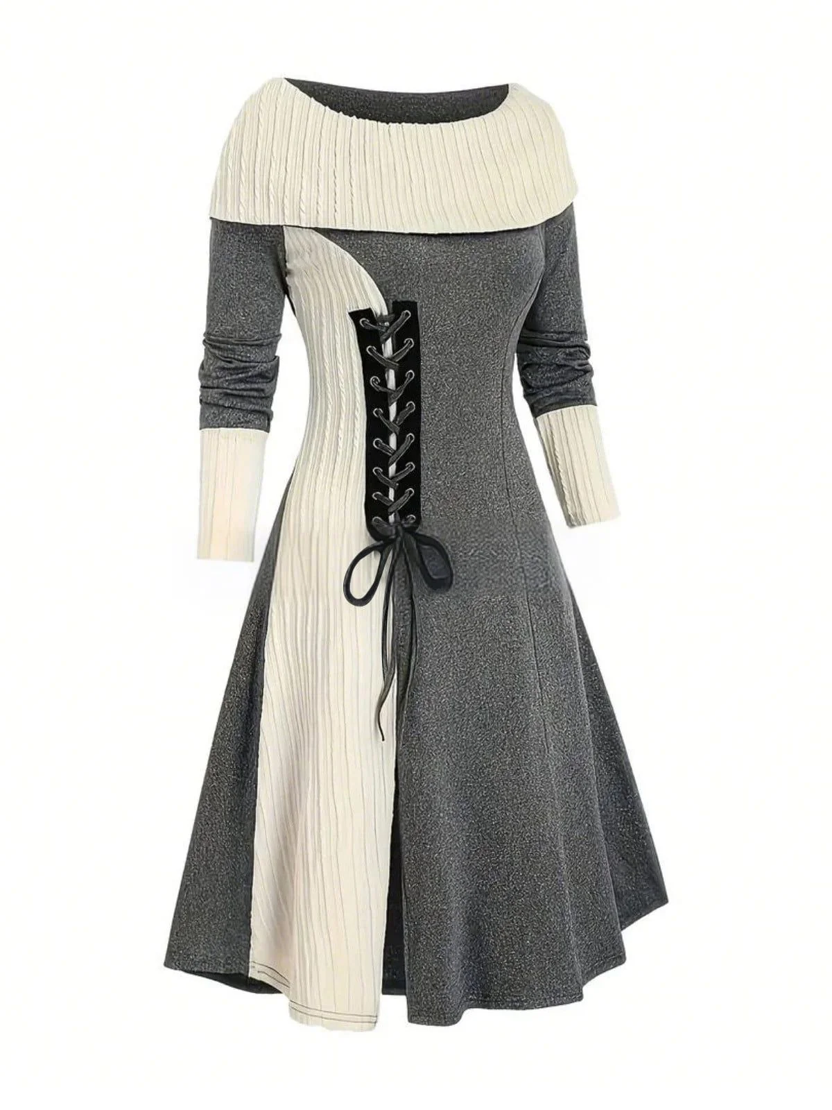 1940er Schnürung Farbblock Schulterfrei Kleid - Image 5
