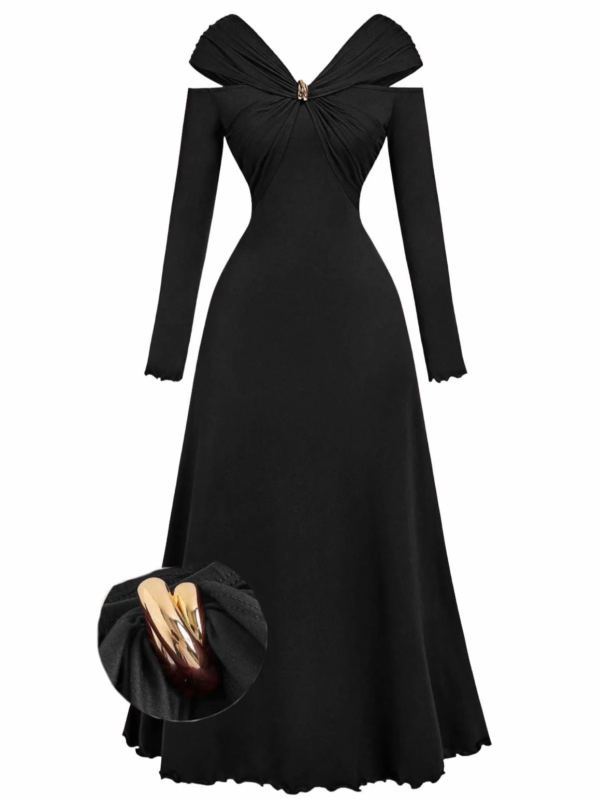 1940er Schulterfrei Langarm Plissiertes Kleid - Image 6