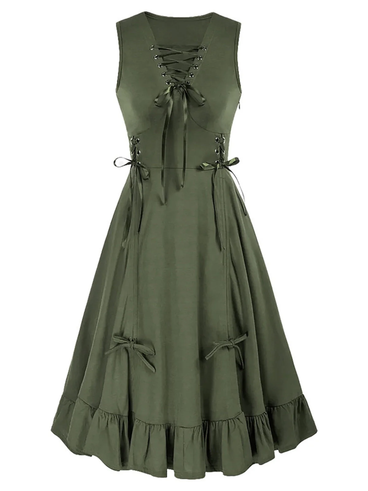 1940er Solide Ärmellos Kordelzug Schnürung Kleid - Image 5